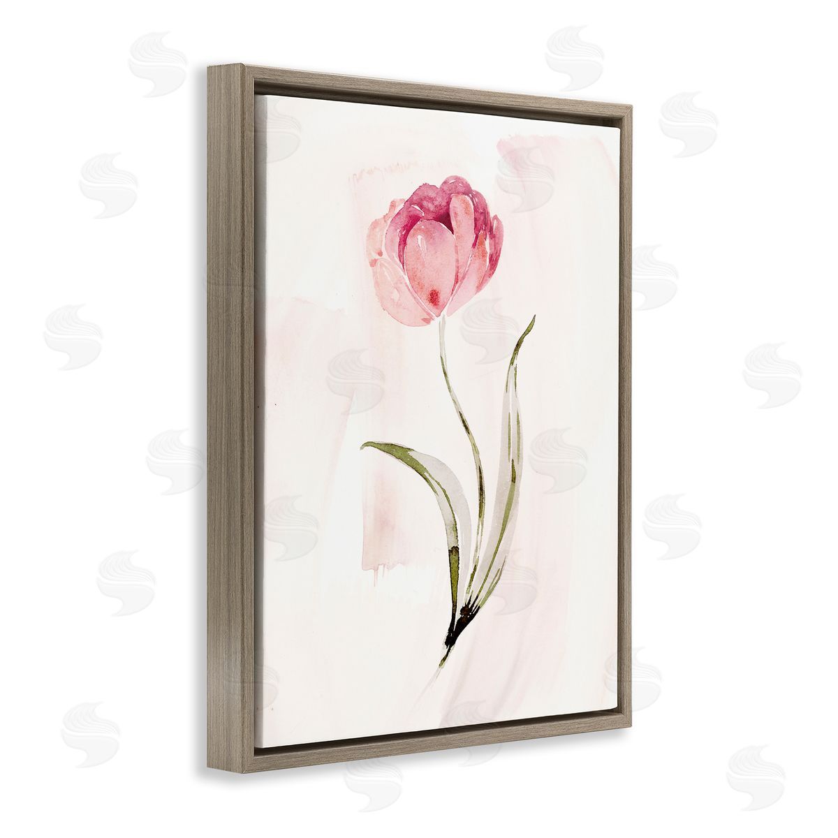 Pink Blossom with Leaves Brown Floating Frame Canvas Wall Art, Home Decor by Kristen Brockmon