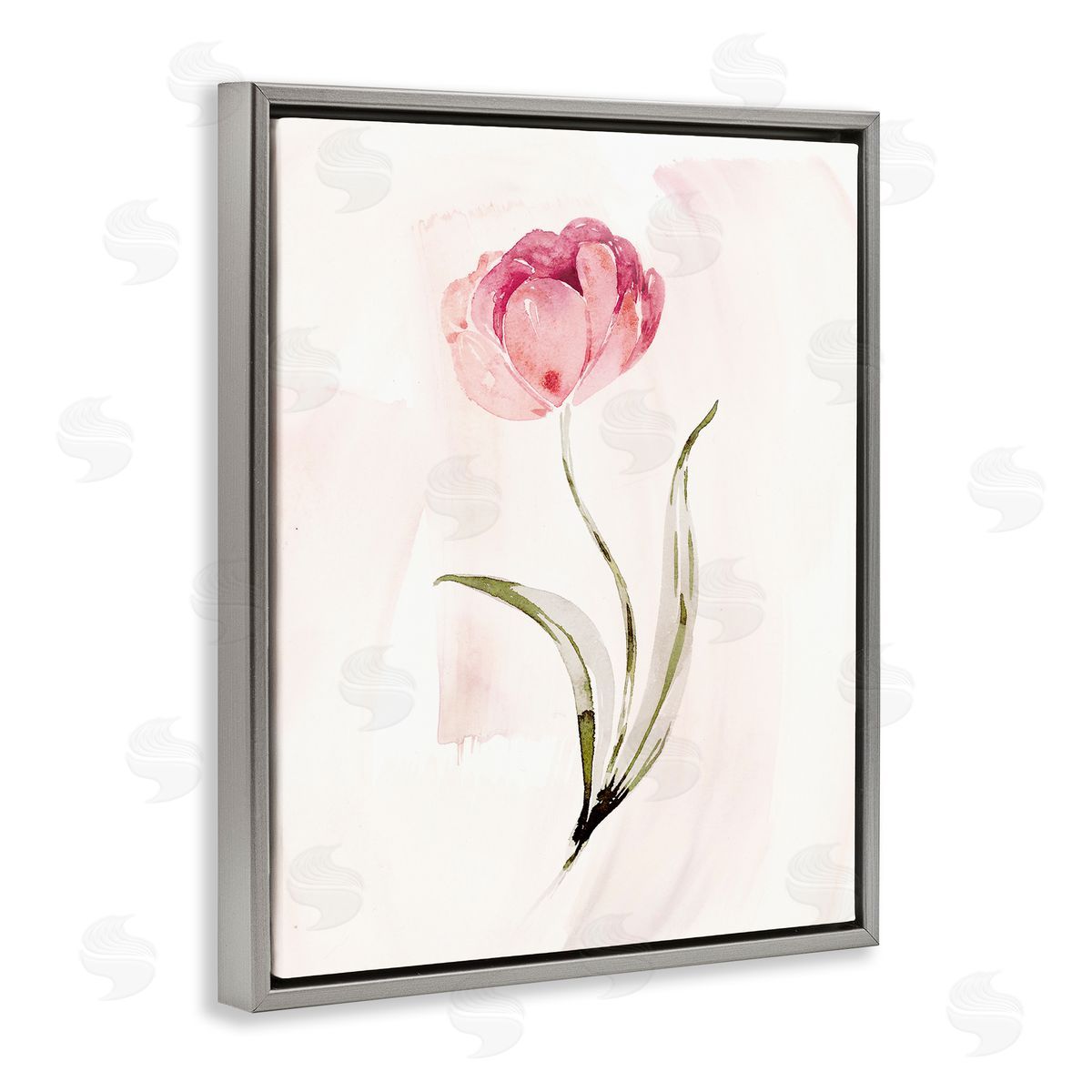Pink Blossom with Leaves Grey Floating Frame Canvas Wall Art, Home Decor by Kristen Brockmon