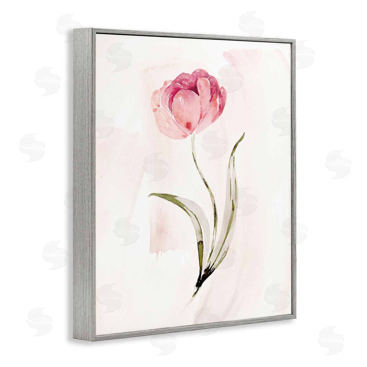 Pink Blossom with Leaves Grey Frame Print Wall Art, Home Decor by Kristen Brockmon