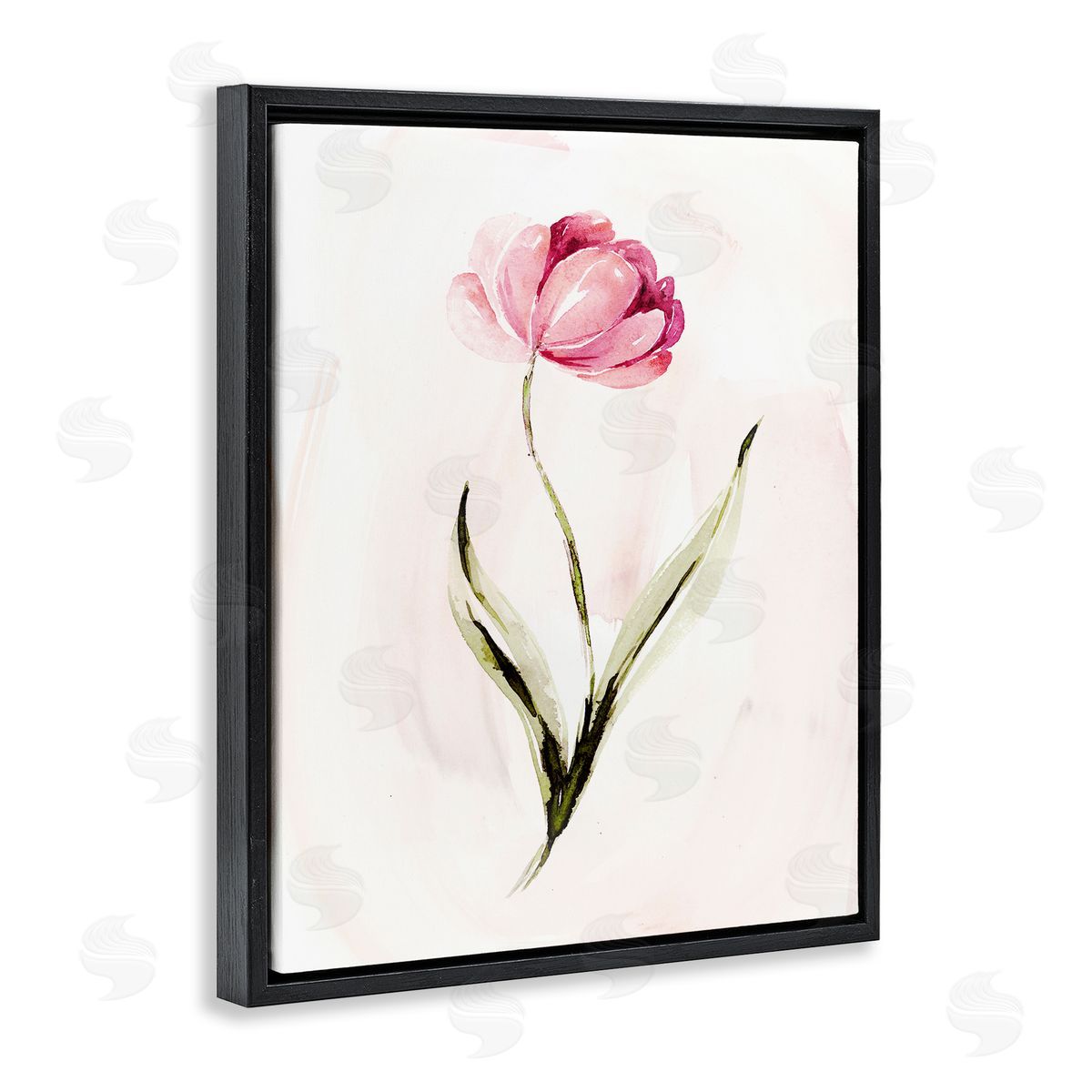 Modern Pink Blossom Sprig Black Floating Frame Canvas Wall Art, Home Decor by Kristen Brockmon