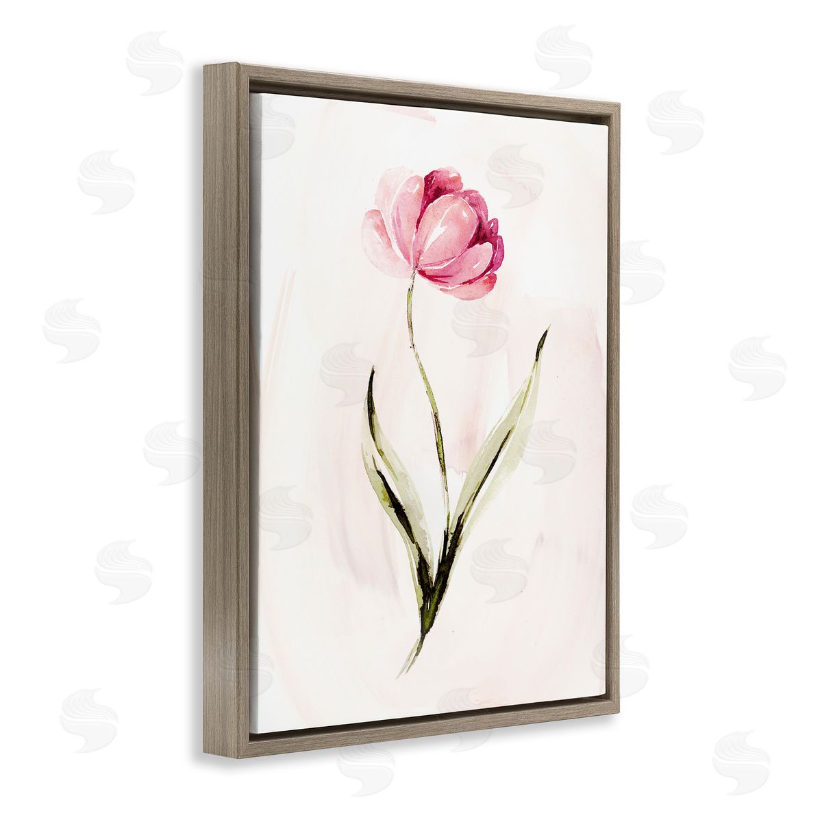 Modern Pink Blossom Sprig Brown Floating Frame Canvas Wall Art, Home Decor by Kristen Brockmon