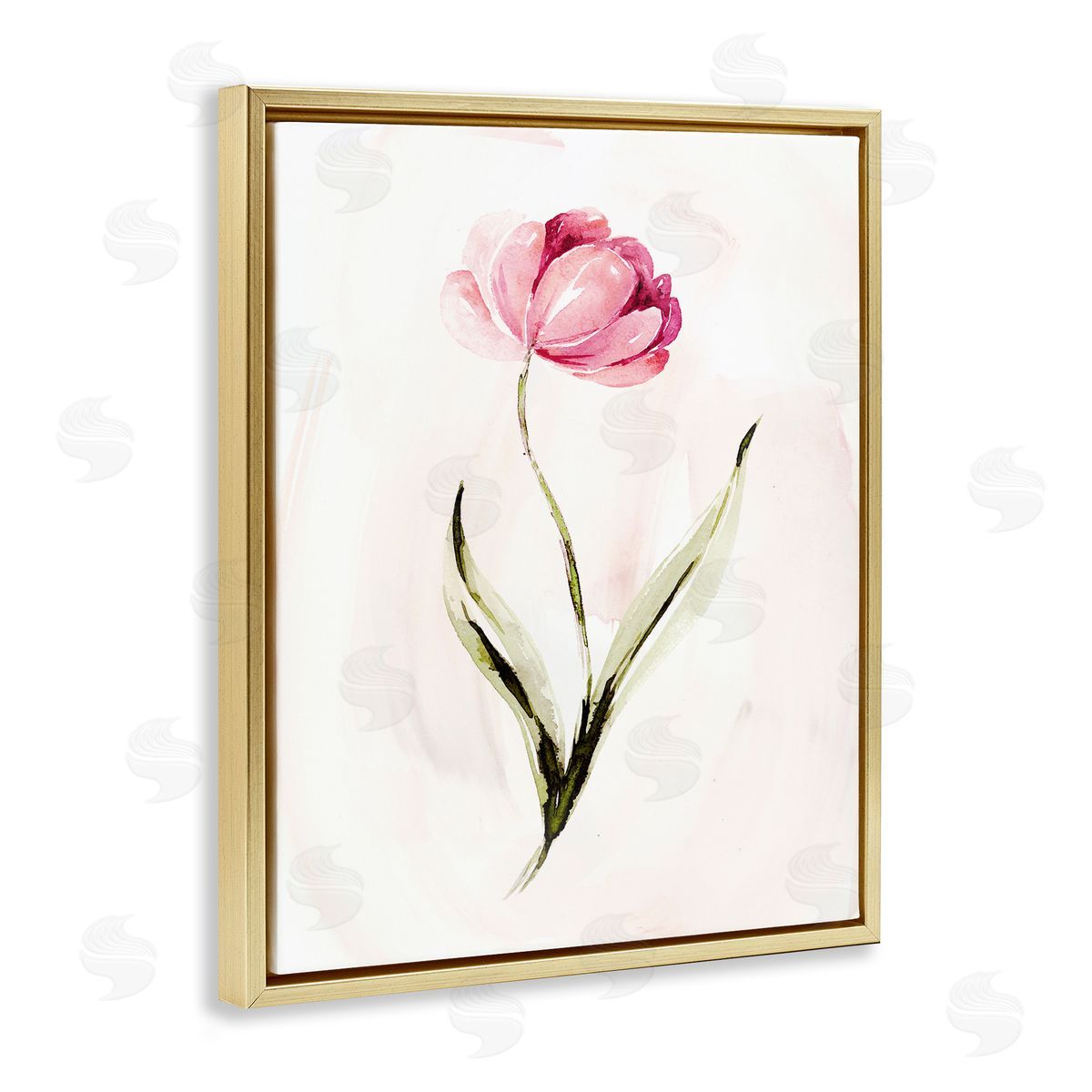 Modern Pink Blossom Sprig Gold Floating Frame Canvas Wall Art, Home Decor by Kristen Brockmon