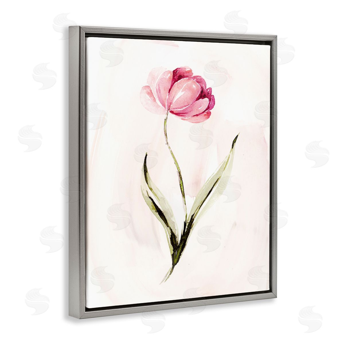 Modern Pink Blossom Sprig Grey Floating Frame Canvas Wall Art, Home Decor by Kristen Brockmon