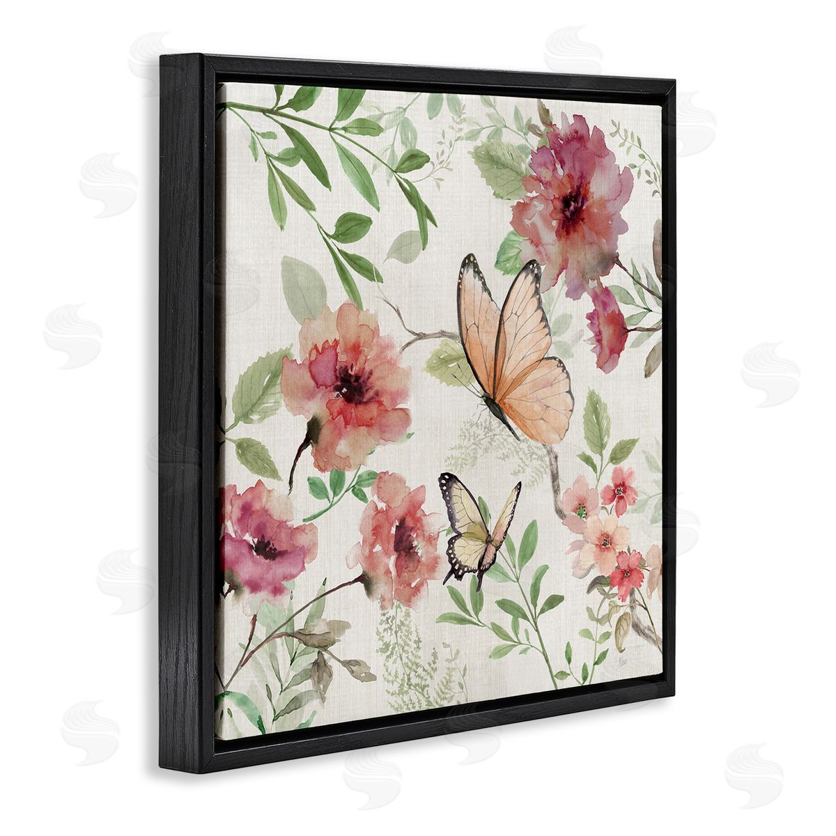 Butterflies over Wild Cottage Flowers Black Floating Frame Canvas Wall Art, Home Decor by Nan