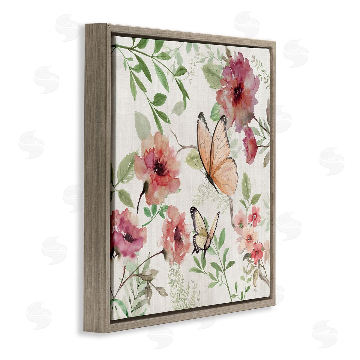Butterflies over Wild Cottage Flowers Brown Floating Frame Canvas Wall Art, Home Decor by Nan