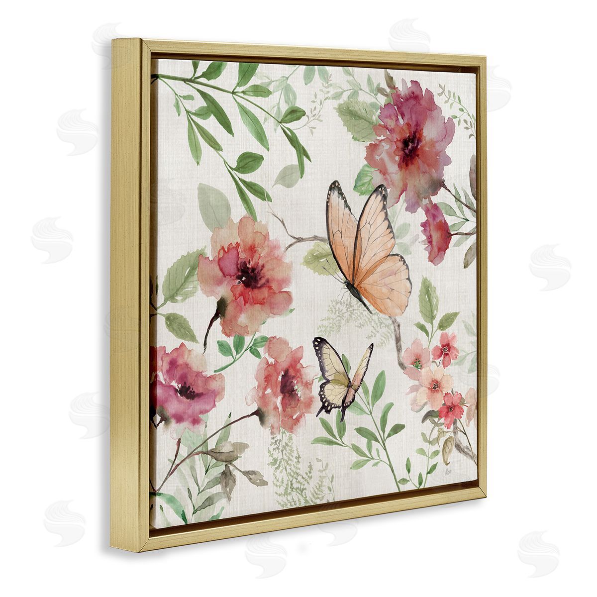 Butterflies over Wild Cottage Flowers Gold Floating Frame Canvas Wall Art, Home Decor by Nan