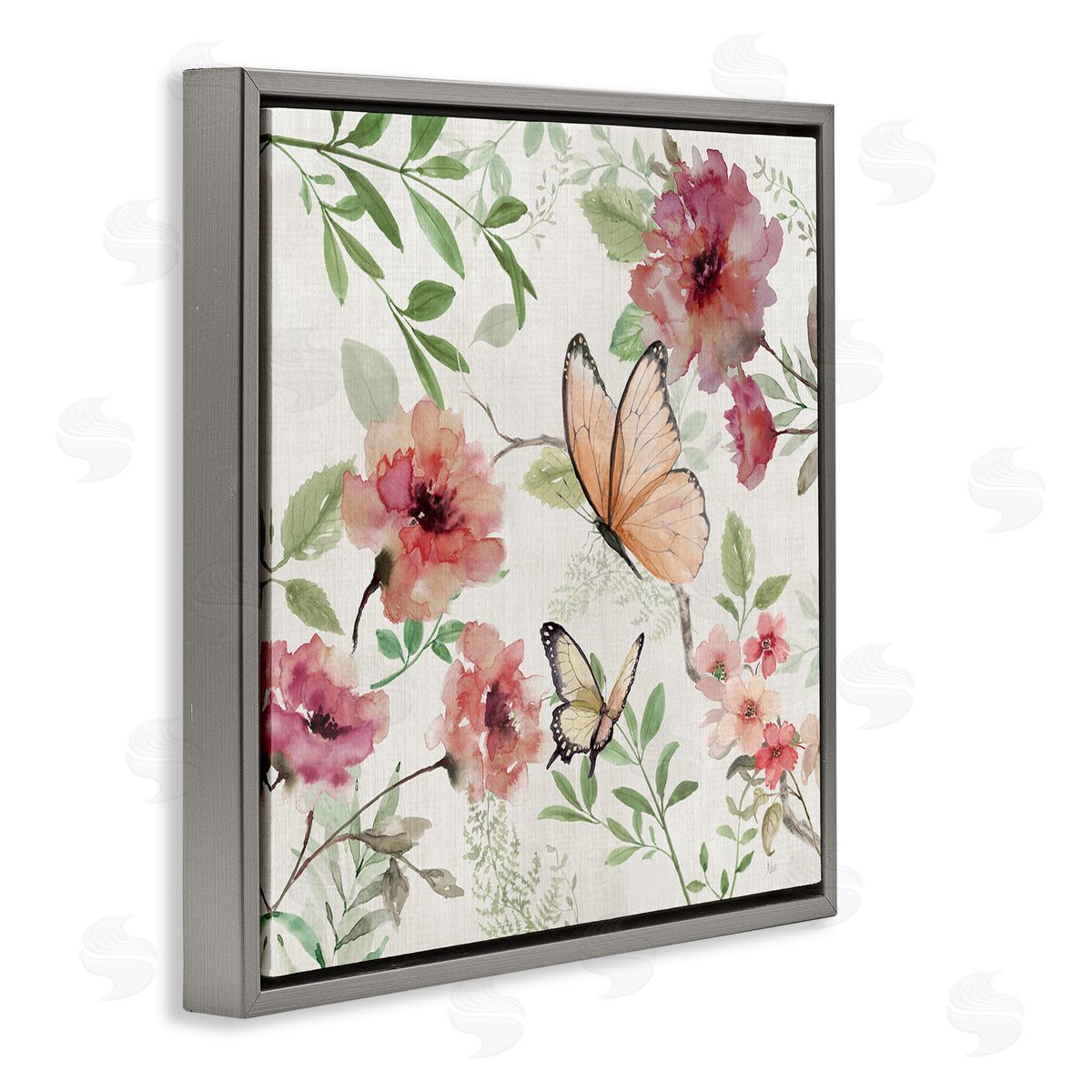 Butterflies over Wild Cottage Flowers Grey Floating Frame Canvas Wall Art, Home Decor by Nan