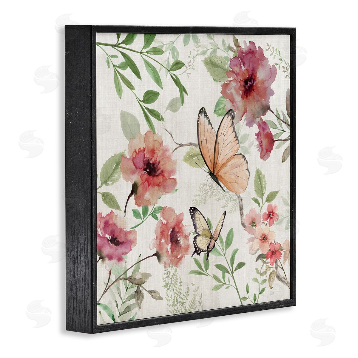 Butterflies over Wild Cottage Flowers Black Frame Print Wall Art, Home Decor by Nan