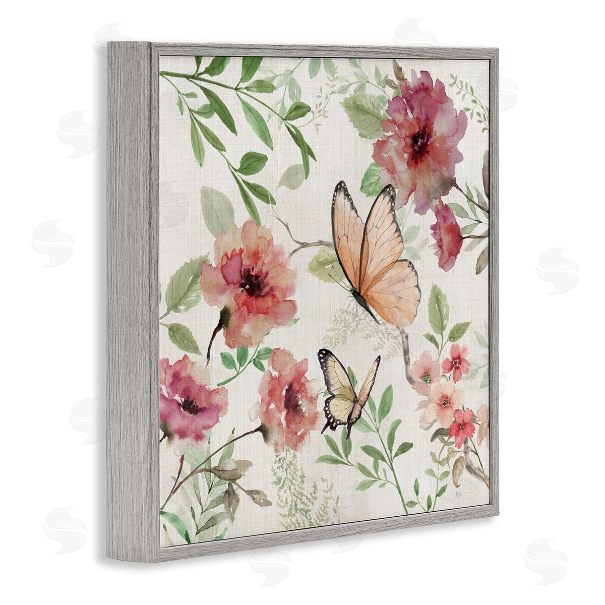 Butterflies over Wild Cottage Flowers Grey Frame Print Wall Art, Home Decor by Nan