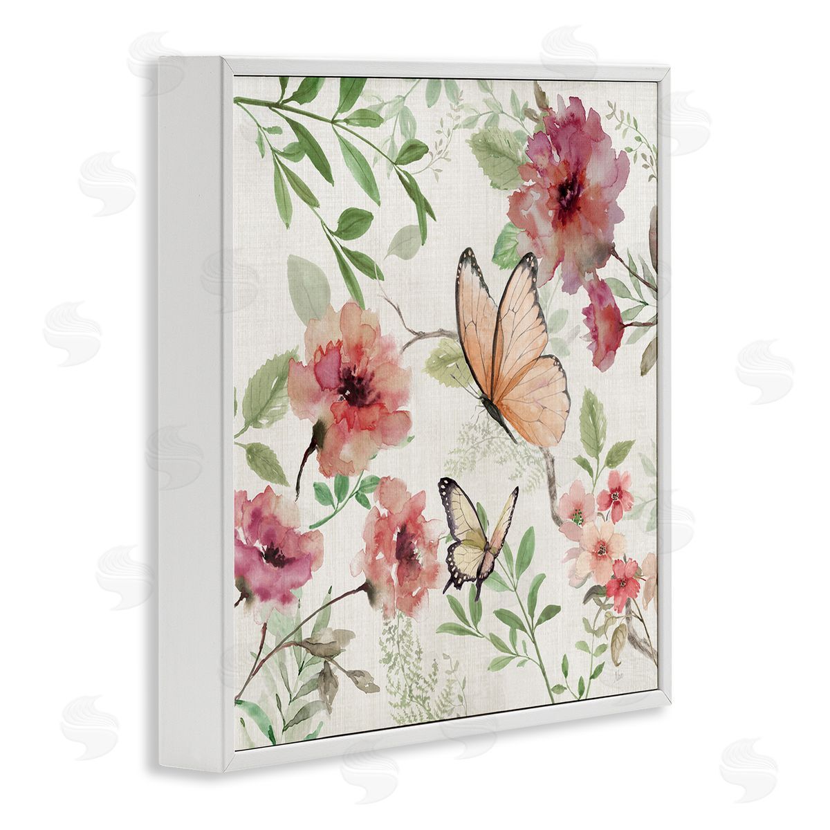 Butterflies over Wild Cottage Flowers White Frame Print Wall Art, Home Decor by Nan