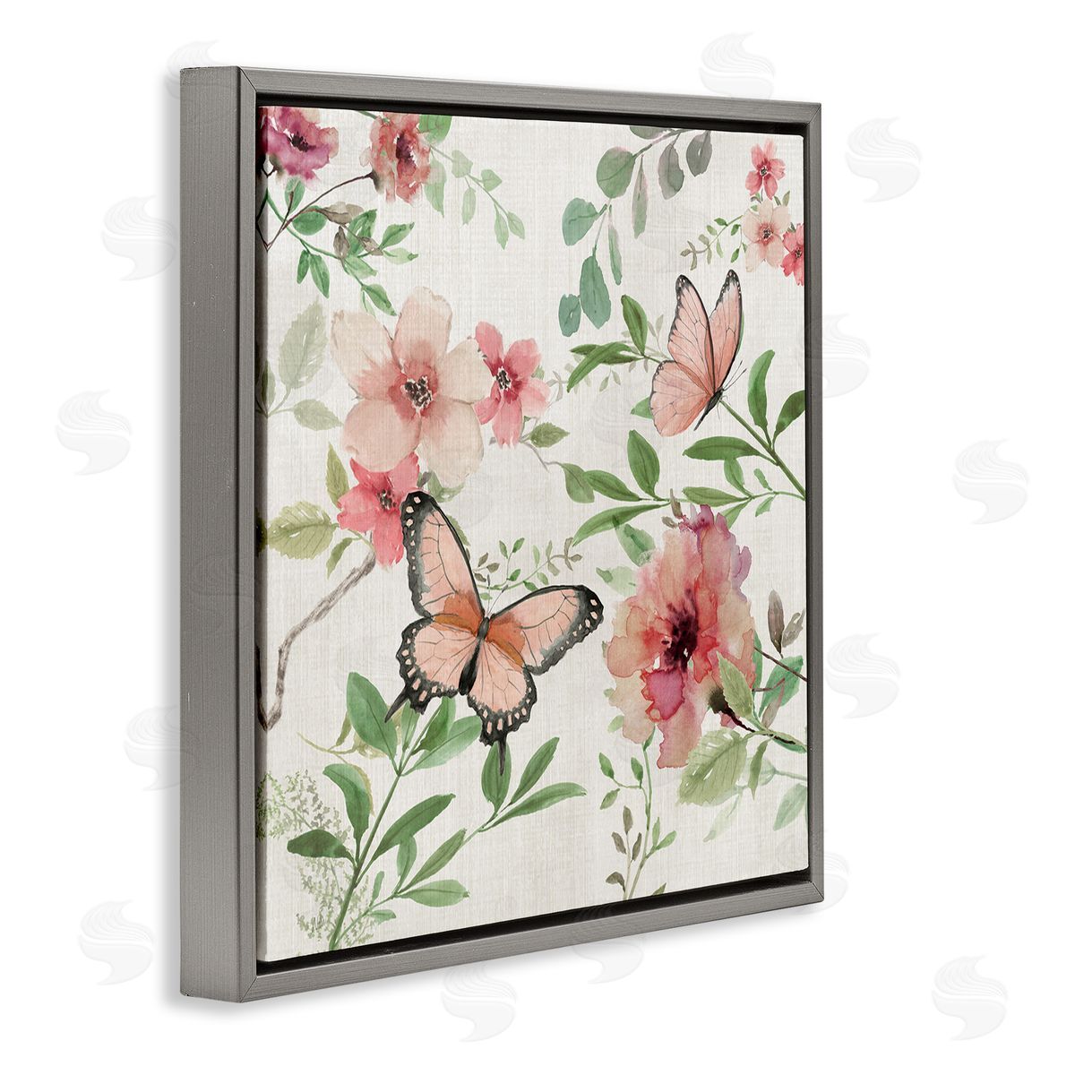 Country Cottage Florals in Pink Grey Floating Frame Canvas Wall Art, Home Decor by Nan
