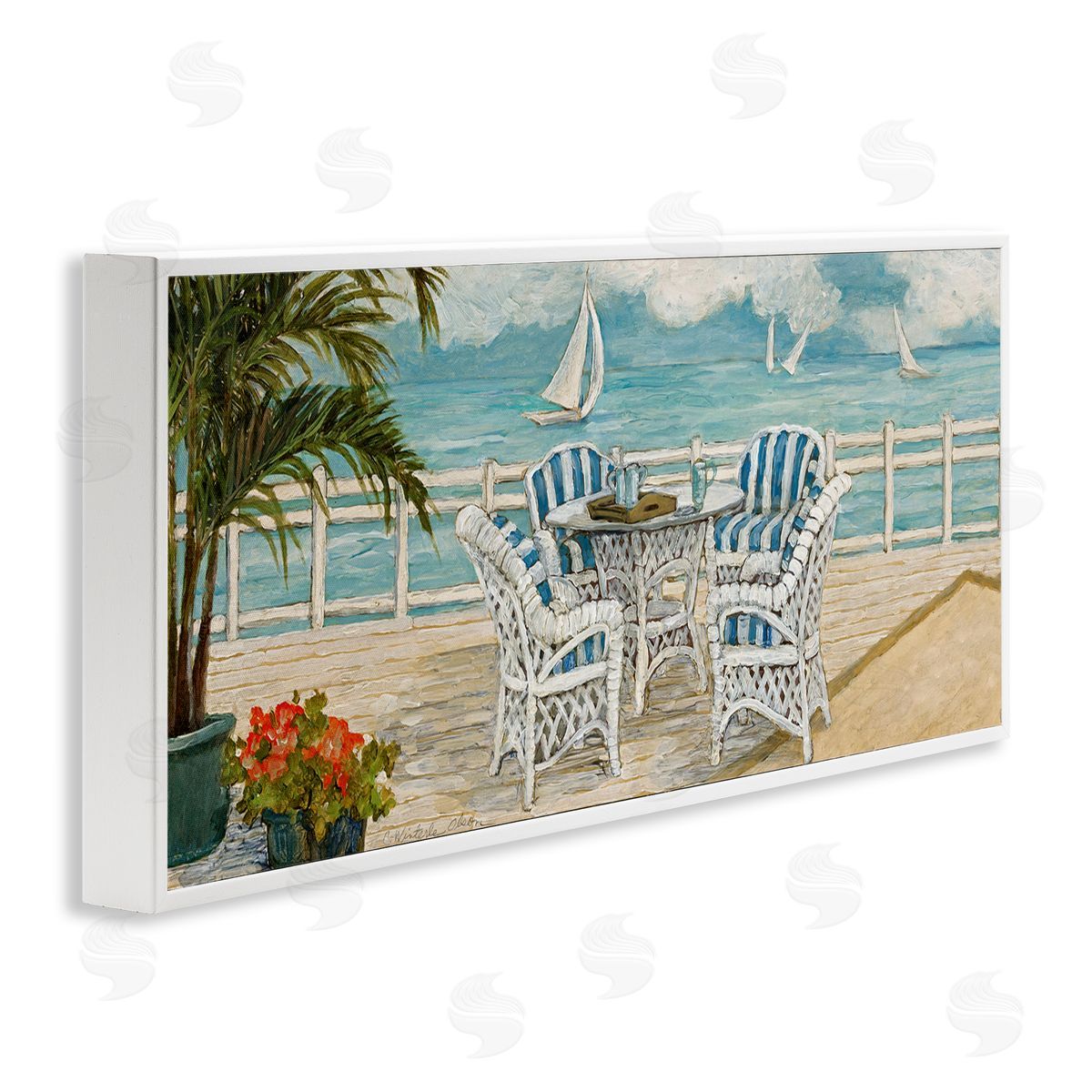 Summer Beach View Deck White Frame Print Wall Art, Home Decor by Charlene Olson