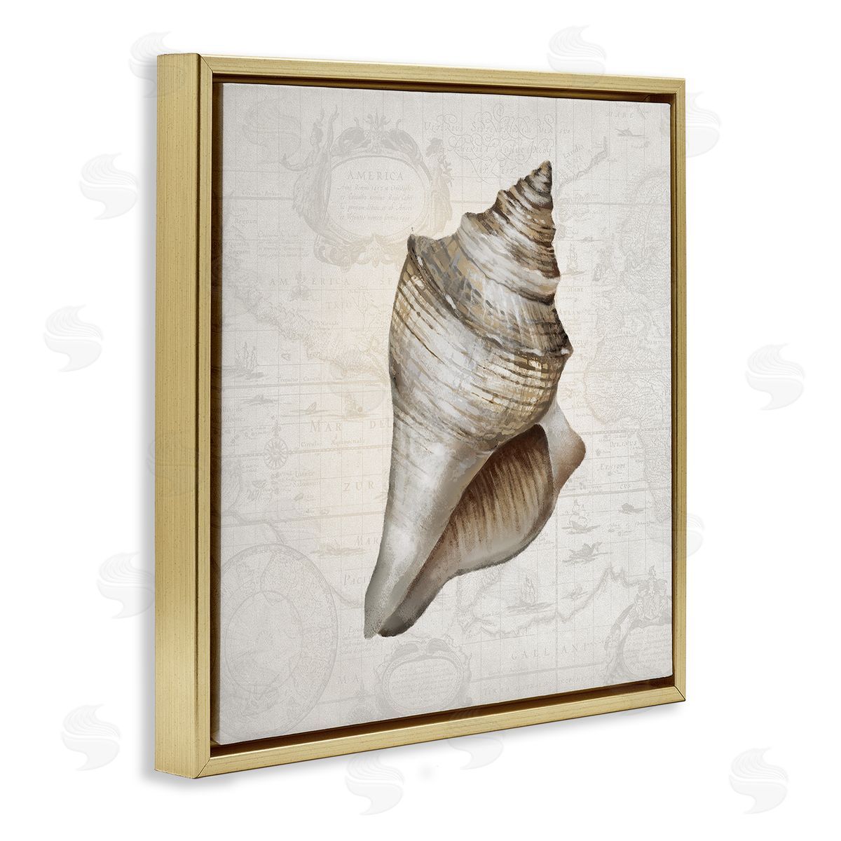 Conch Shell over Vintage Map Gold Floating Frame Canvas Wall Art, Home Decor by Conrad Knutsen