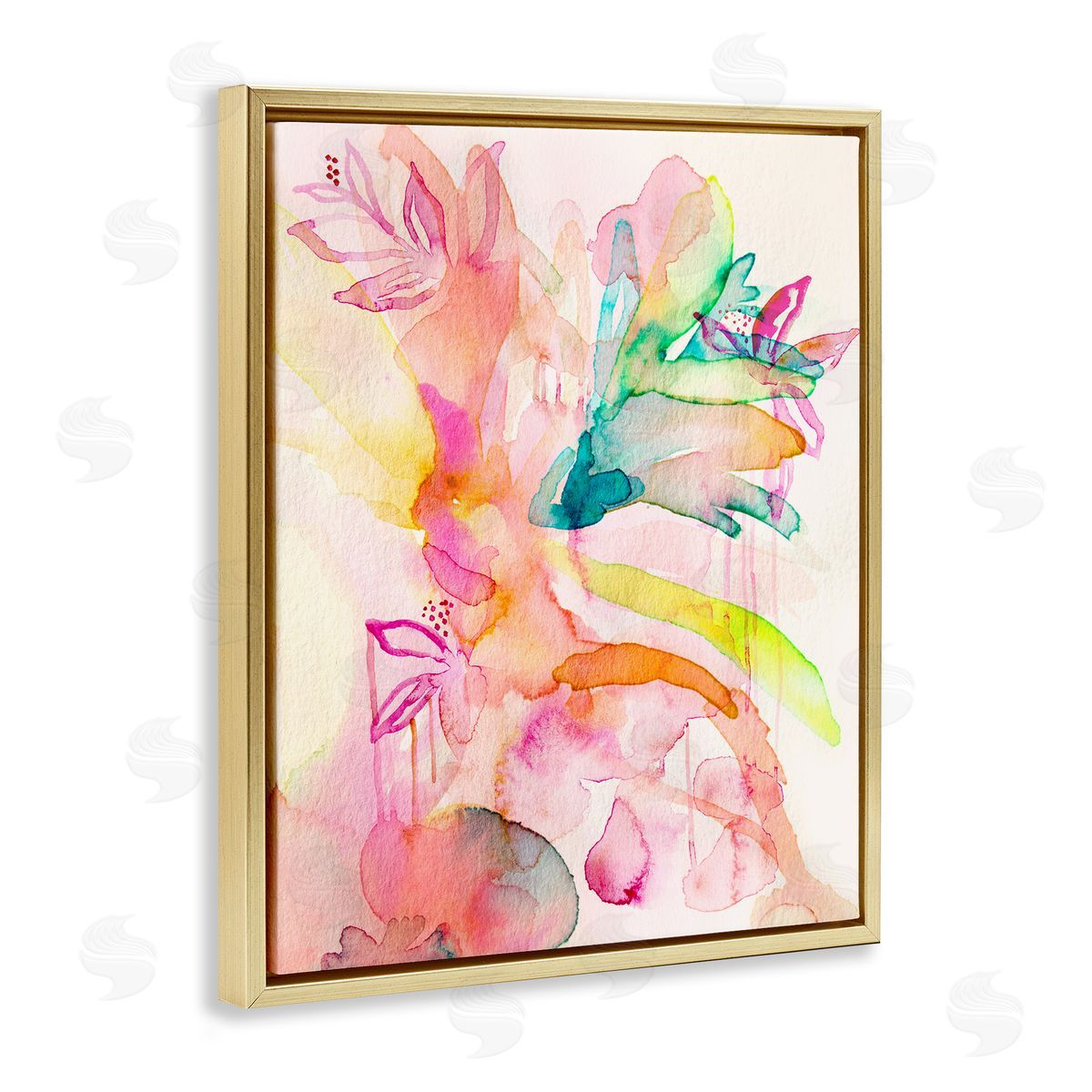 Watercolor Island Florals Gold Floating Frame Canvas Wall Art, Home Decor by Gemma Bardot