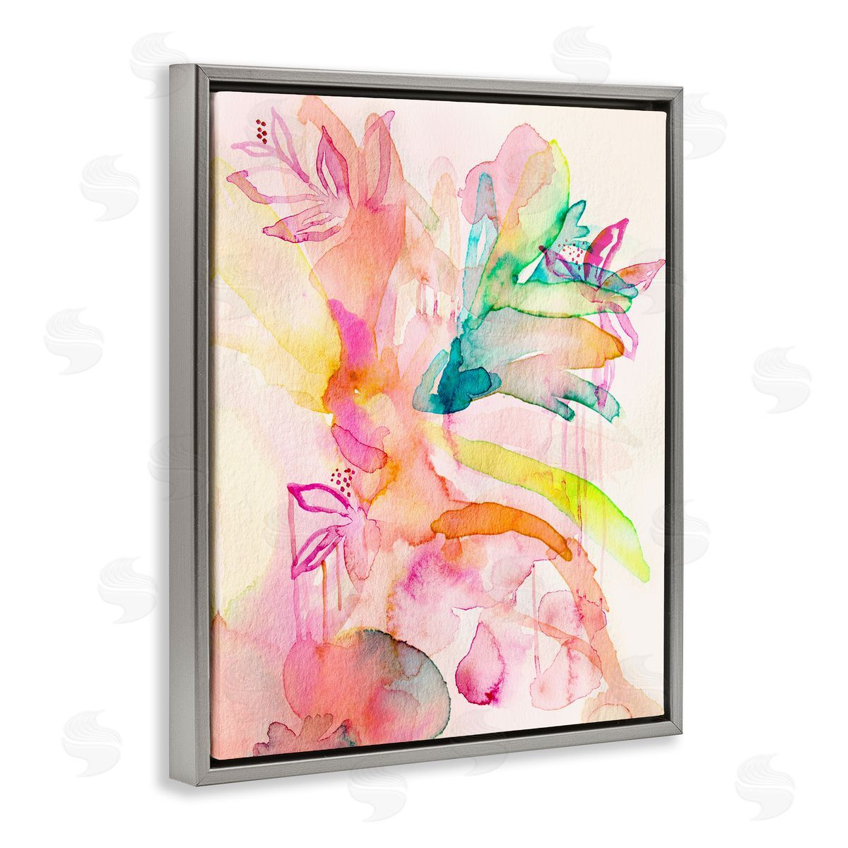 Watercolor Island Florals Grey Floating Frame Canvas Wall Art, Home Decor by Gemma Bardot