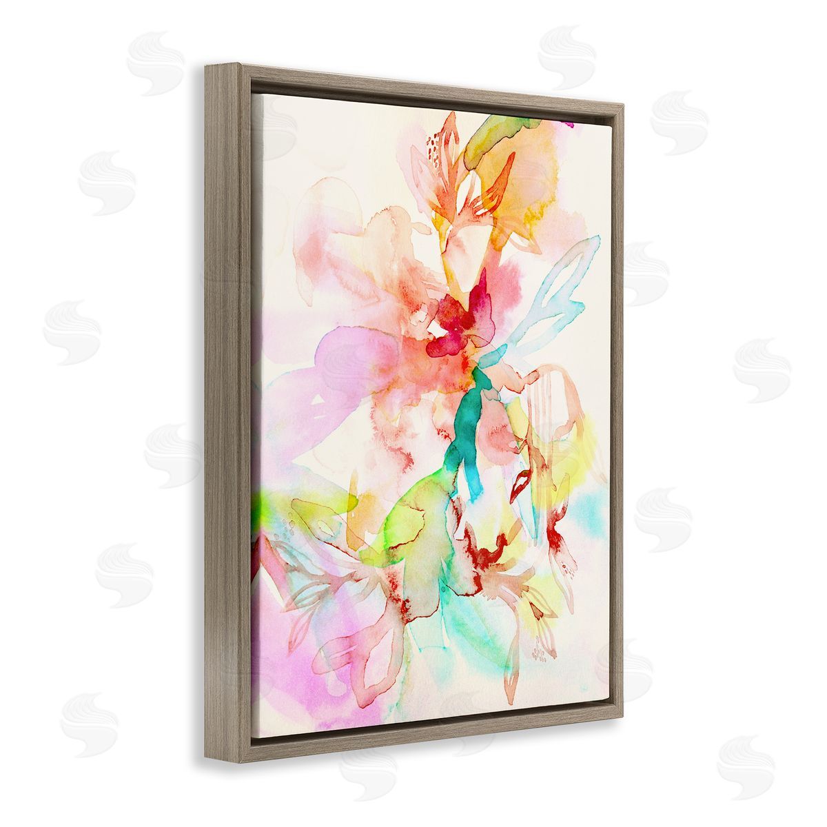 Abstract Watercolor Island Flowers Brown Floating Frame Canvas Wall Art, Home Decor by Gemma Bardot