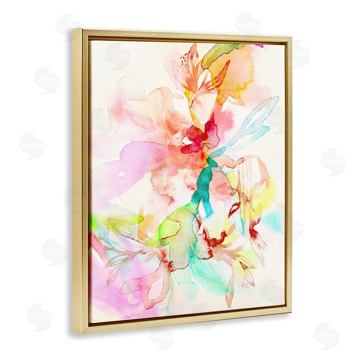 Abstract Watercolor Island Flowers Gold Floating Frame Canvas Wall Art, Home Decor by Gemma Bardot