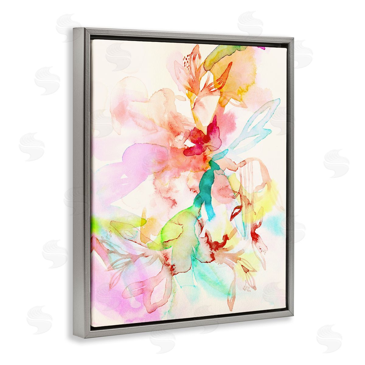 Abstract Watercolor Island Flowers Grey Floating Frame Canvas Wall Art, Home Decor by Gemma Bardot
