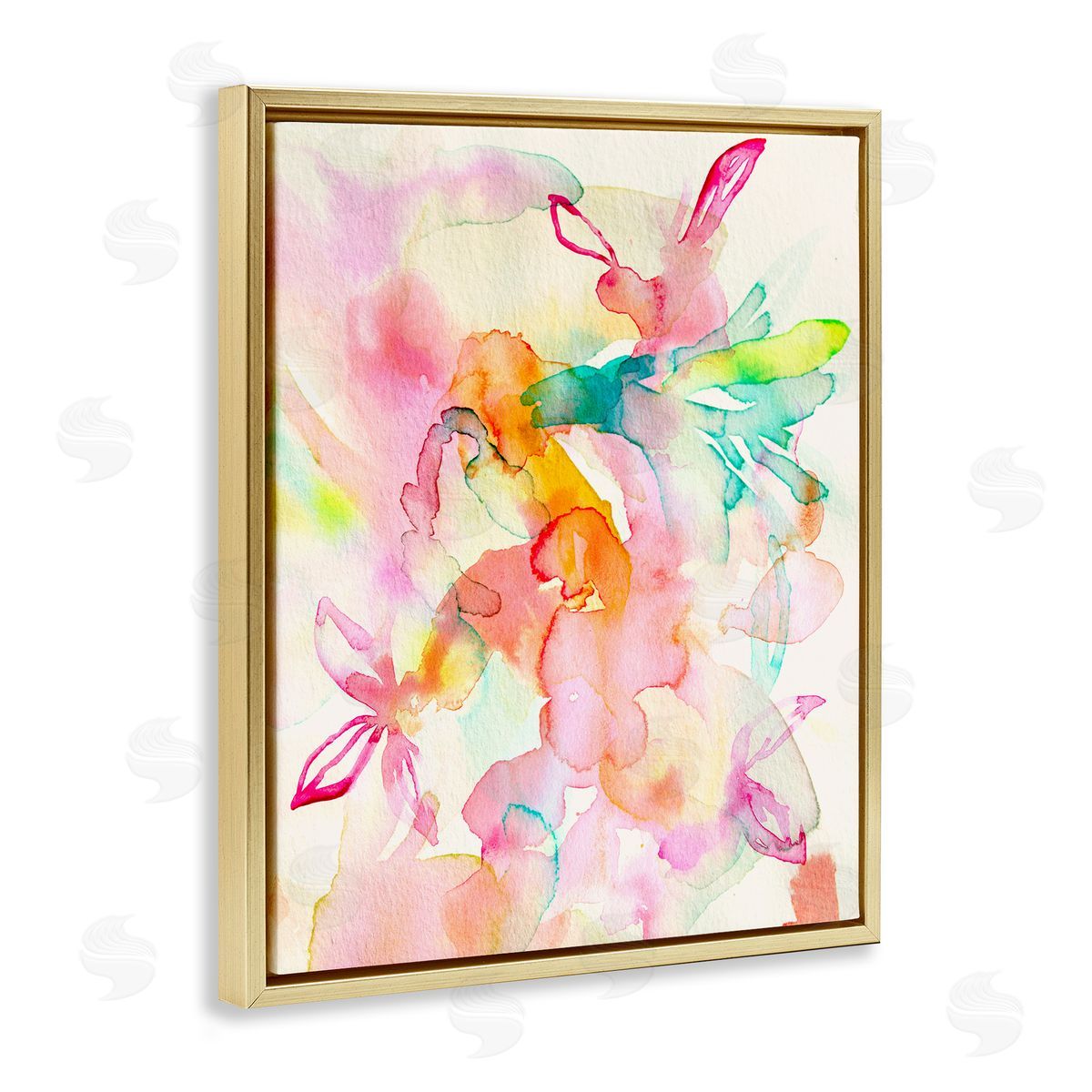 Abstract Watery Island Flowers Gold Floating Frame Canvas Wall Art, Home Decor by Gemma Bardot