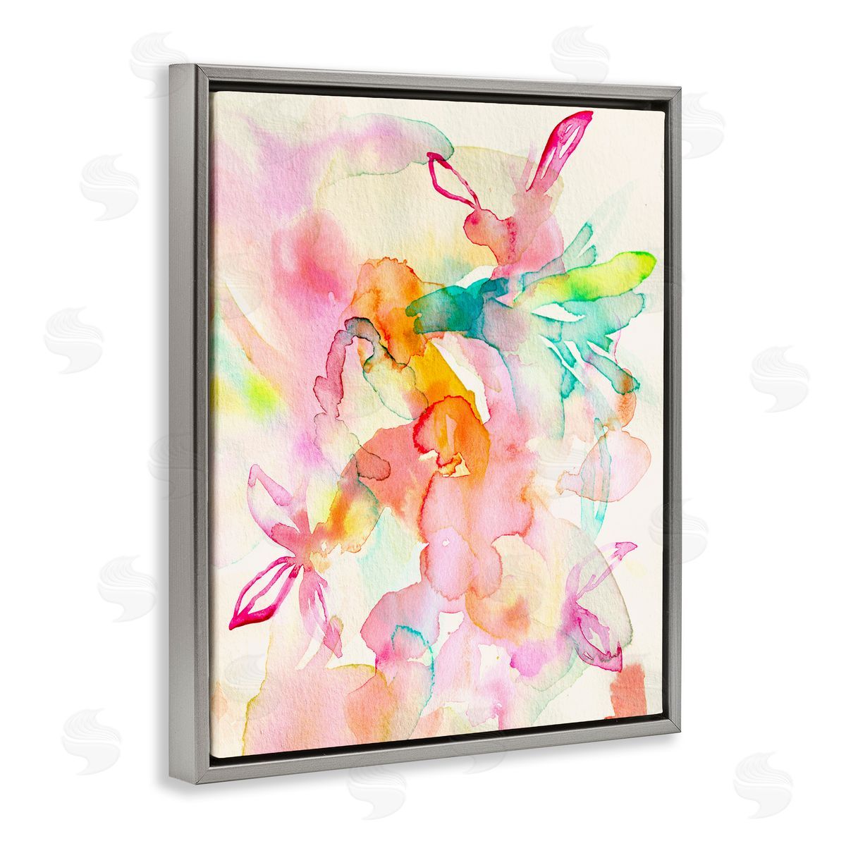 Abstract Watery Island Flowers Grey Floating Frame Canvas Wall Art, Home Decor by Gemma Bardot