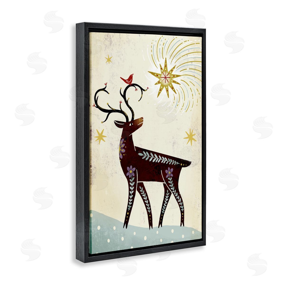 Rustic Winter Deer Black Floating Frame Canvas Wall Art, Home Decor by Hannah Moren