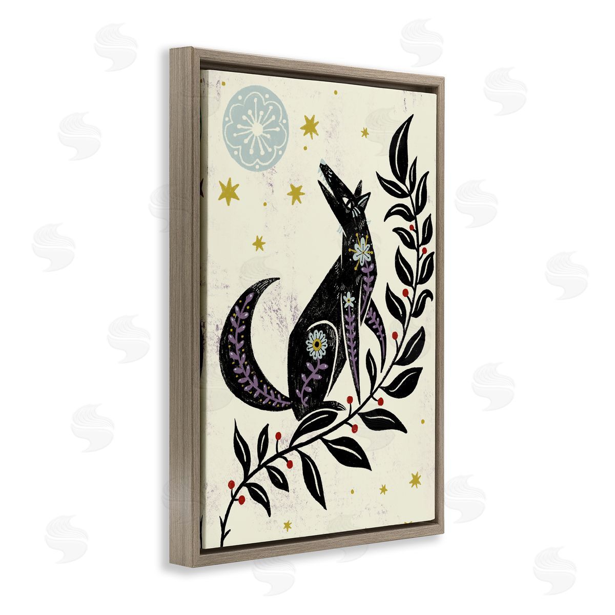 Howling Winter Wolf Brown Floating Frame Canvas Wall Art, Home Decor by Hannah Moren