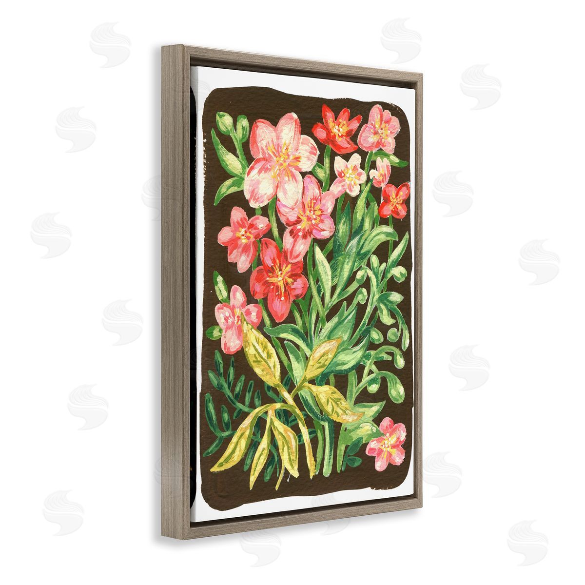 Garden Flowers on Brown Brown Floating Frame Canvas Wall Art, Home Decor by Hannah Moren