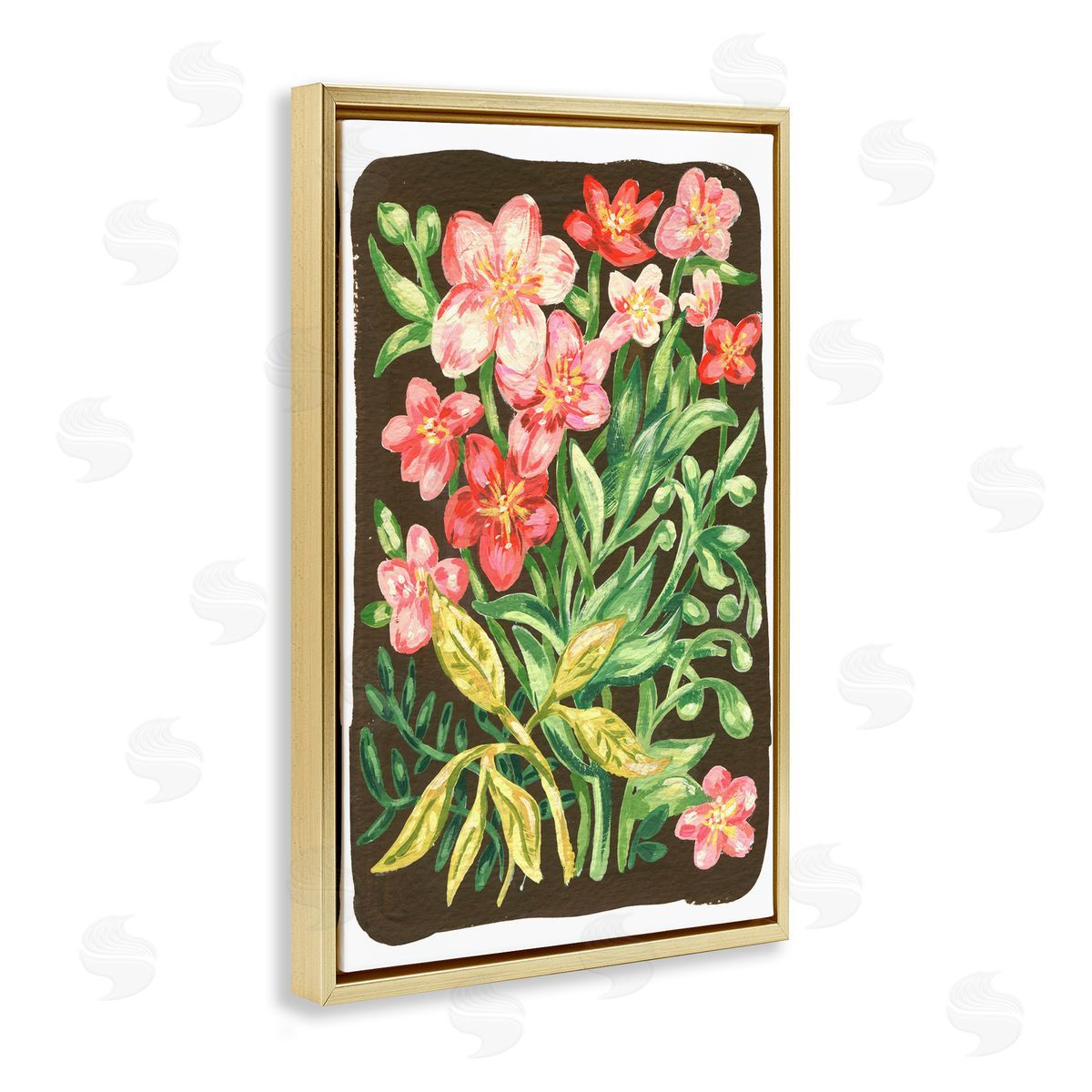 Garden Flowers on Brown Gold Floating Frame Canvas Wall Art, Home Decor by Hannah Moren