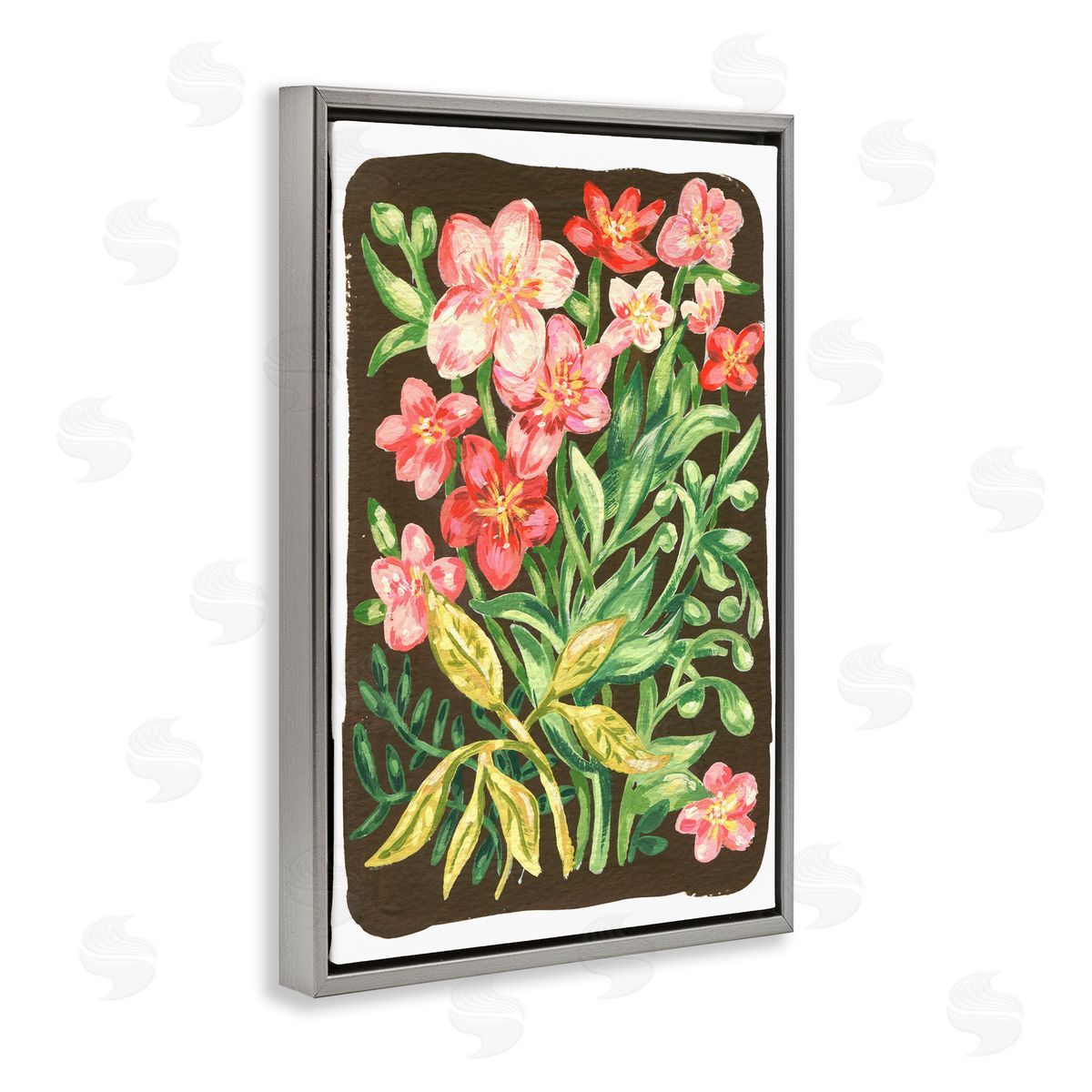 Garden Flowers on Brown Grey Floating Frame Canvas Wall Art, Home Decor by Hannah Moren