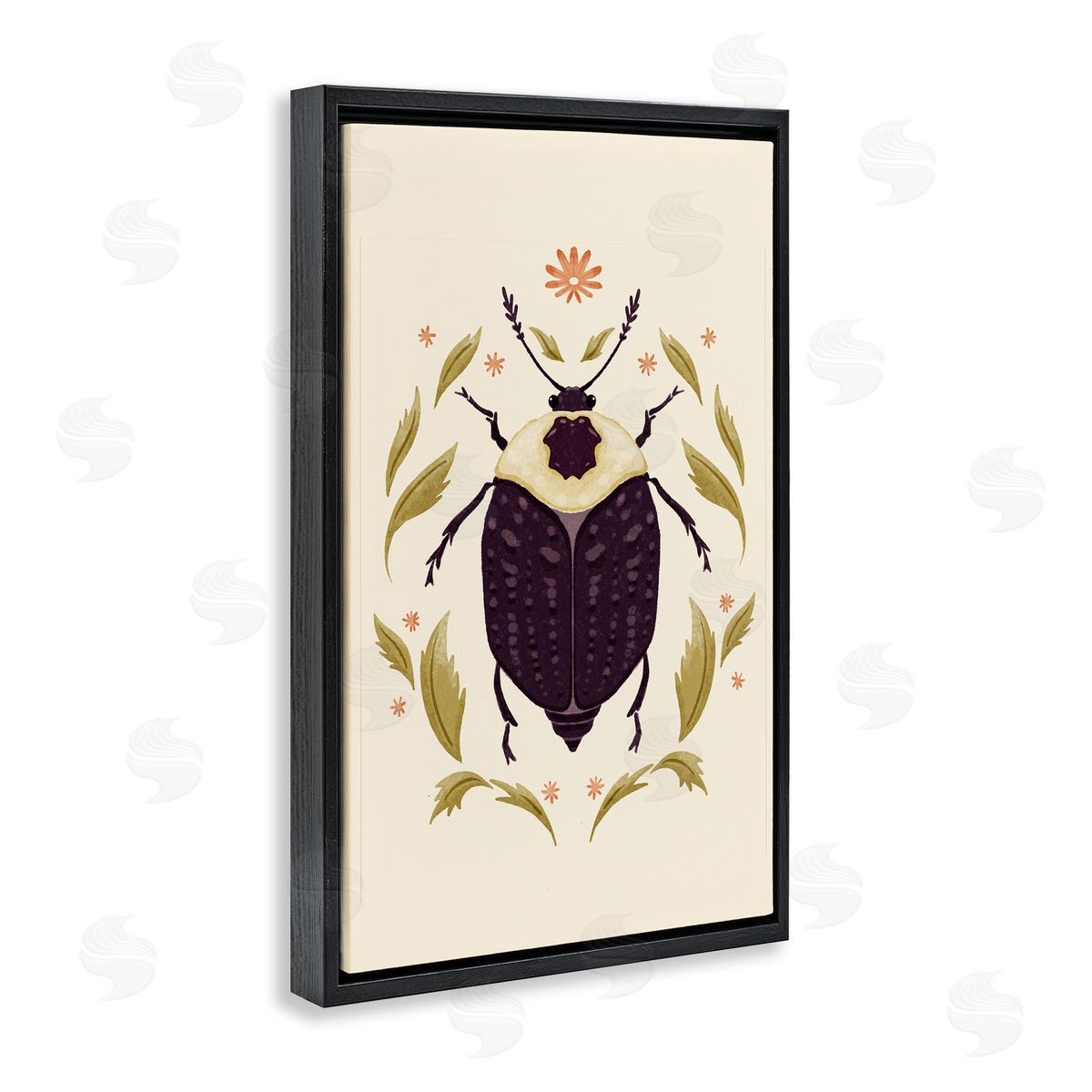 Black Beetle with Leaves Black Floating Frame Canvas Wall Art, Home Decor by Hannah Moren