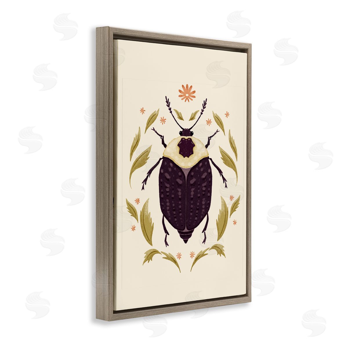 Black Beetle with Leaves Brown Floating Frame Canvas Wall Art, Home Decor by Hannah Moren