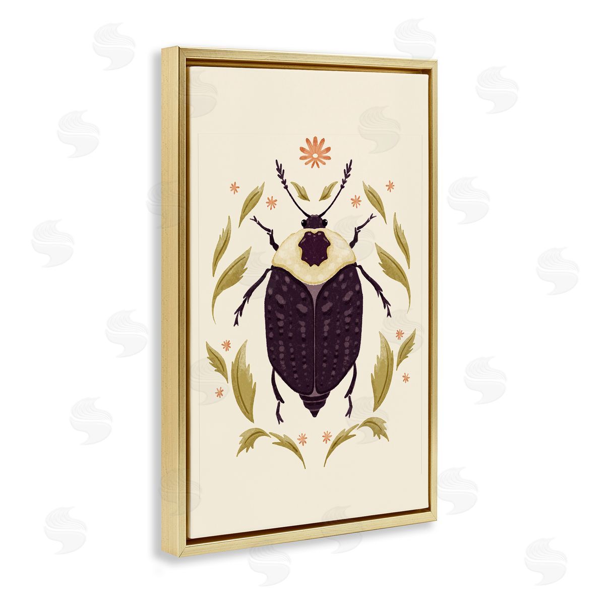 Black Beetle with Leaves Gold Floating Frame Canvas Wall Art, Home Decor by Hannah Moren