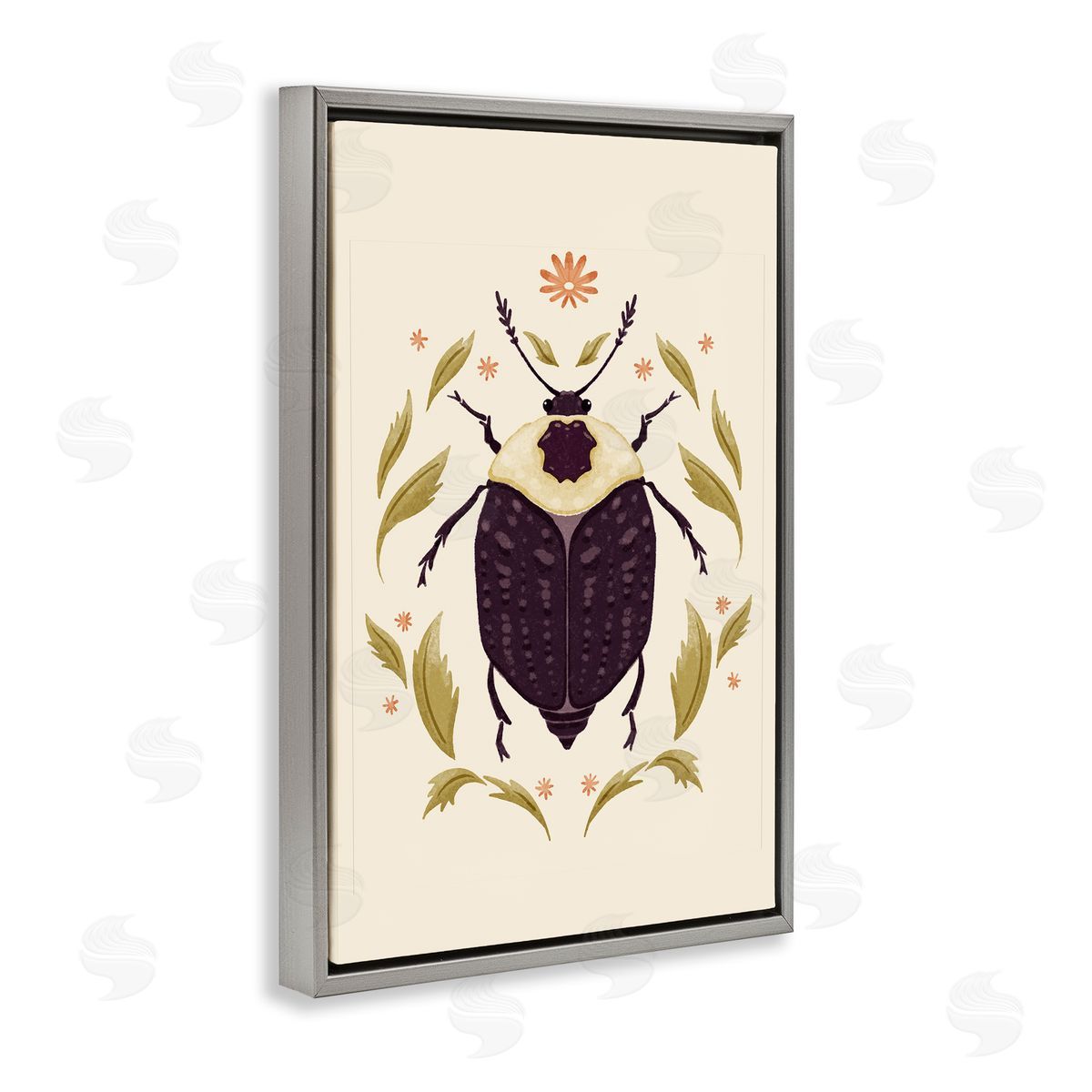 Black Beetle with Leaves Grey Floating Frame Canvas Wall Art, Home Decor by Hannah Moren
