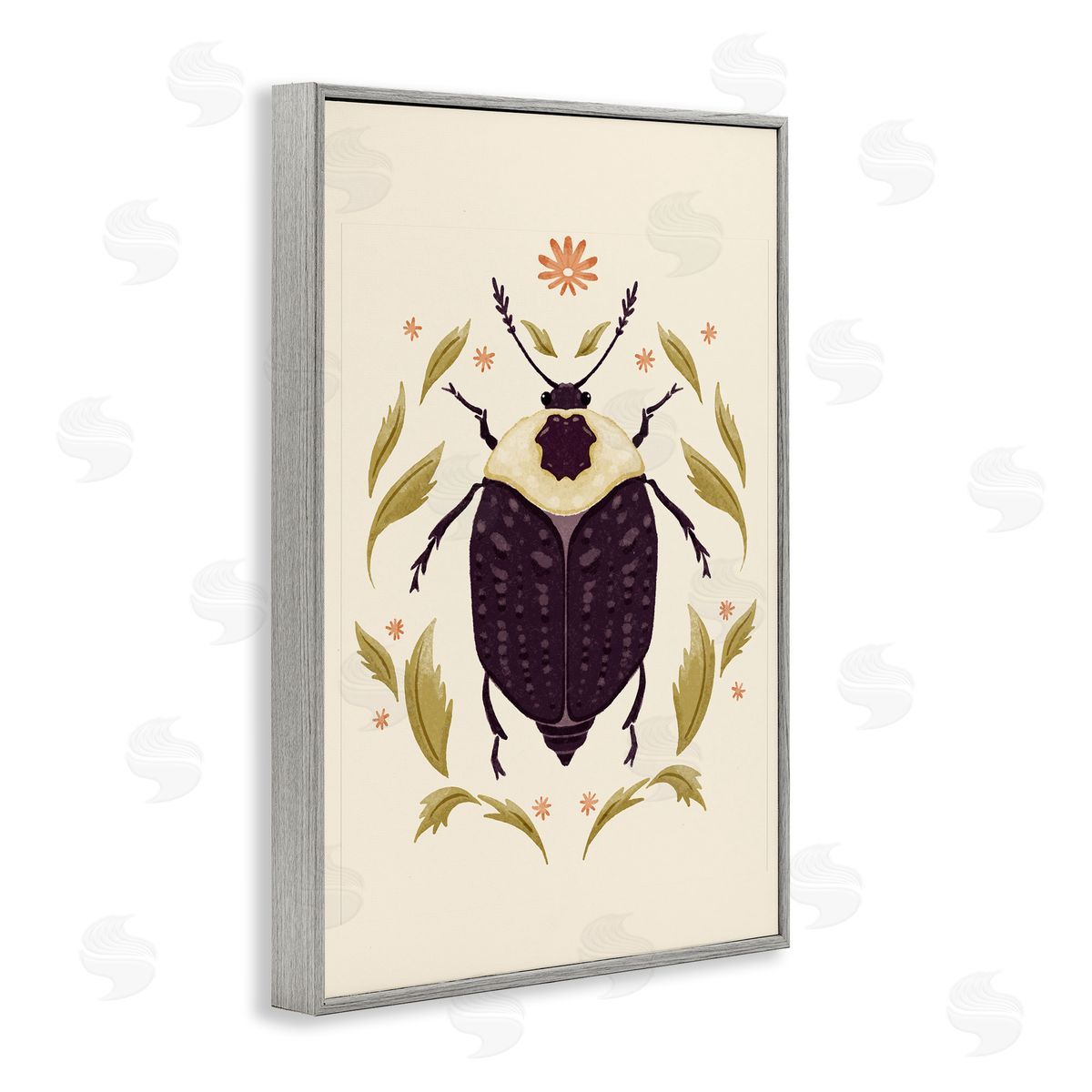 Black Beetle with Leaves Grey Frame Print Wall Art, Home Decor by Hannah Moren