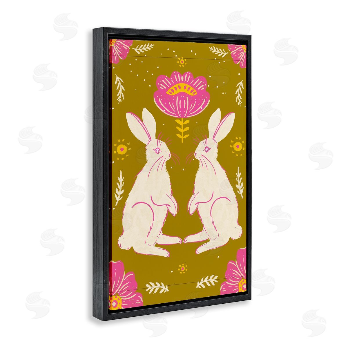 Mirrored Spring Bunnies Black Floating Frame Canvas Wall Art, Home Decor by Hannah Moren