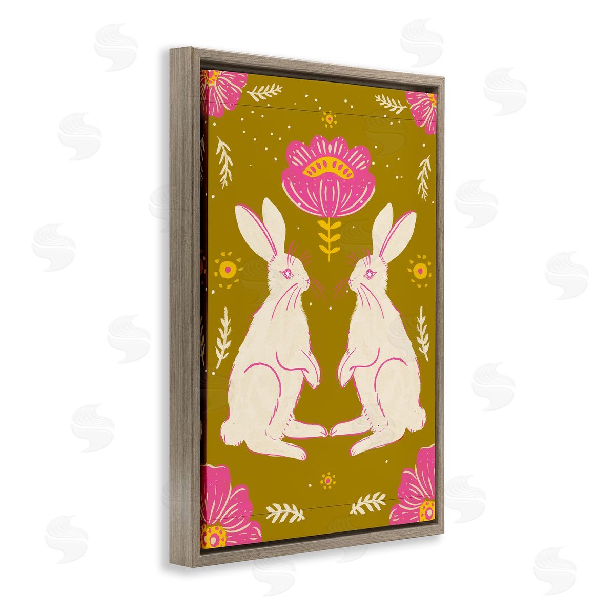 Mirrored Spring Bunnies Brown Floating Frame Canvas Wall Art, Home Decor by Hannah Moren