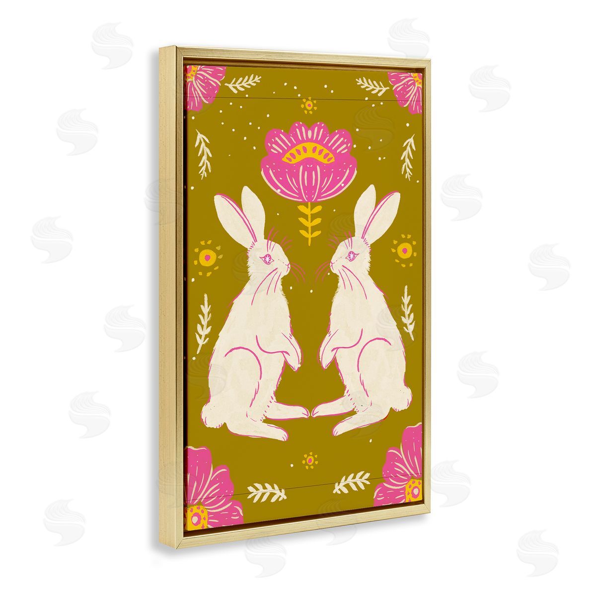Mirrored Spring Bunnies Gold Floating Frame Canvas Wall Art, Home Decor by Hannah Moren