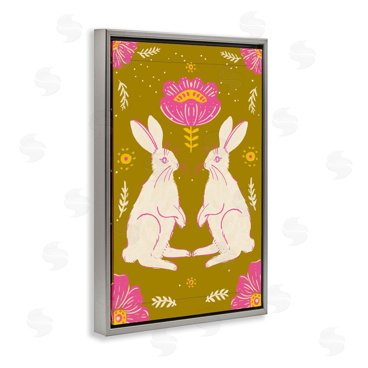 Mirrored Spring Bunnies Grey Floating Frame Canvas Wall Art, Home Decor by Hannah Moren