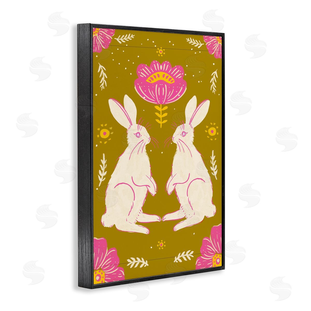 Mirrored Spring Bunnies Black Frame Print Wall Art, Home Decor by Hannah Moren