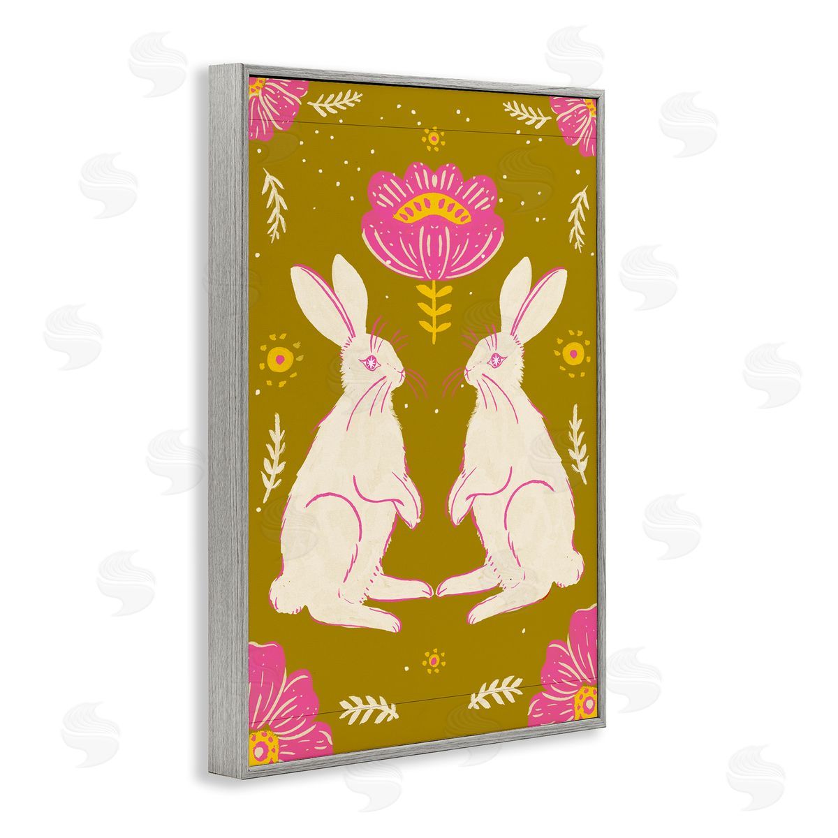 Mirrored Spring Bunnies Grey Frame Print Wall Art, Home Decor by Hannah Moren