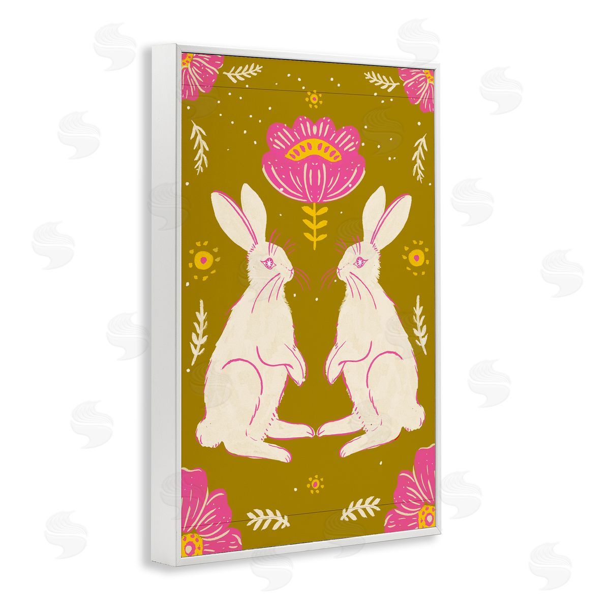 Mirrored Spring Bunnies White Frame Print Wall Art, Home Decor by Hannah Moren