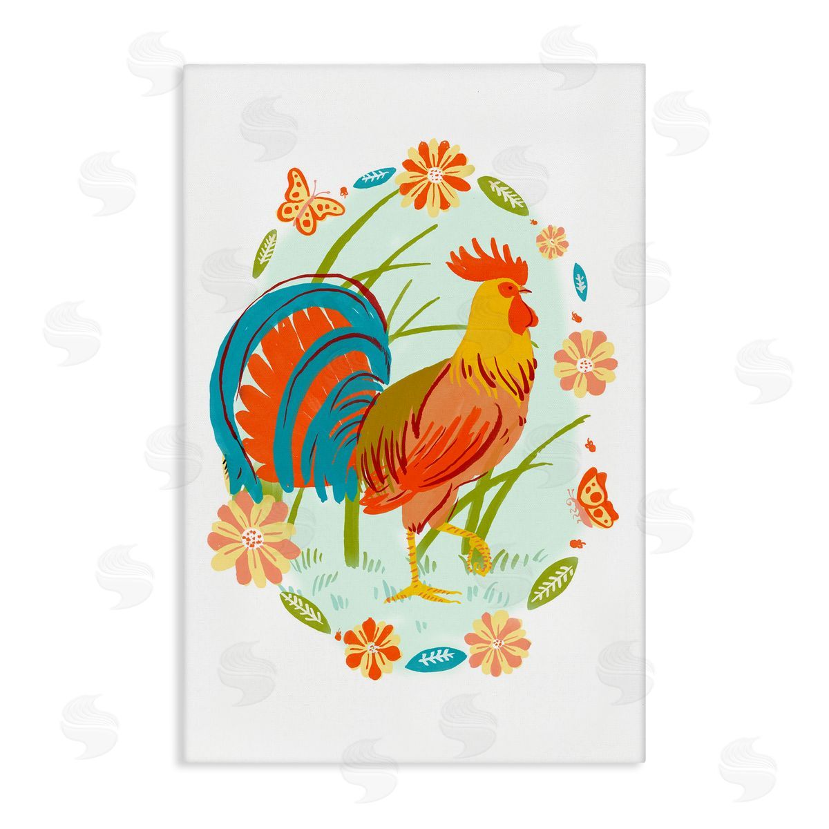 Rooster with Butterflies Border Canvas Wall Art, Home Decor by Hannah Moren