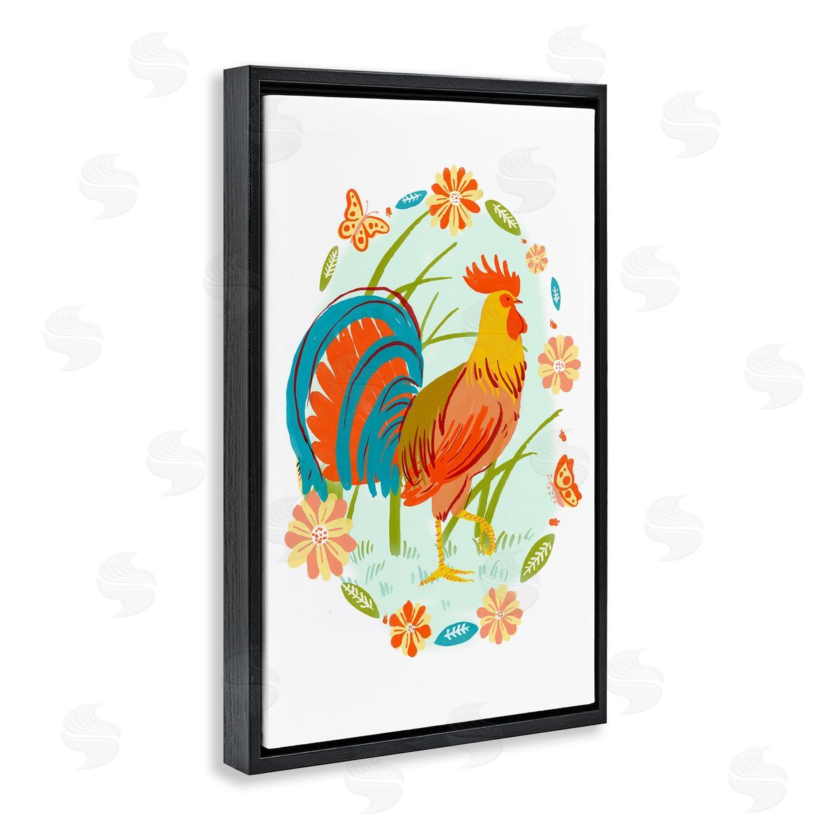 Rooster with Butterflies Border Black Floating Frame Canvas Wall Art, Home Decor by Hannah Moren
