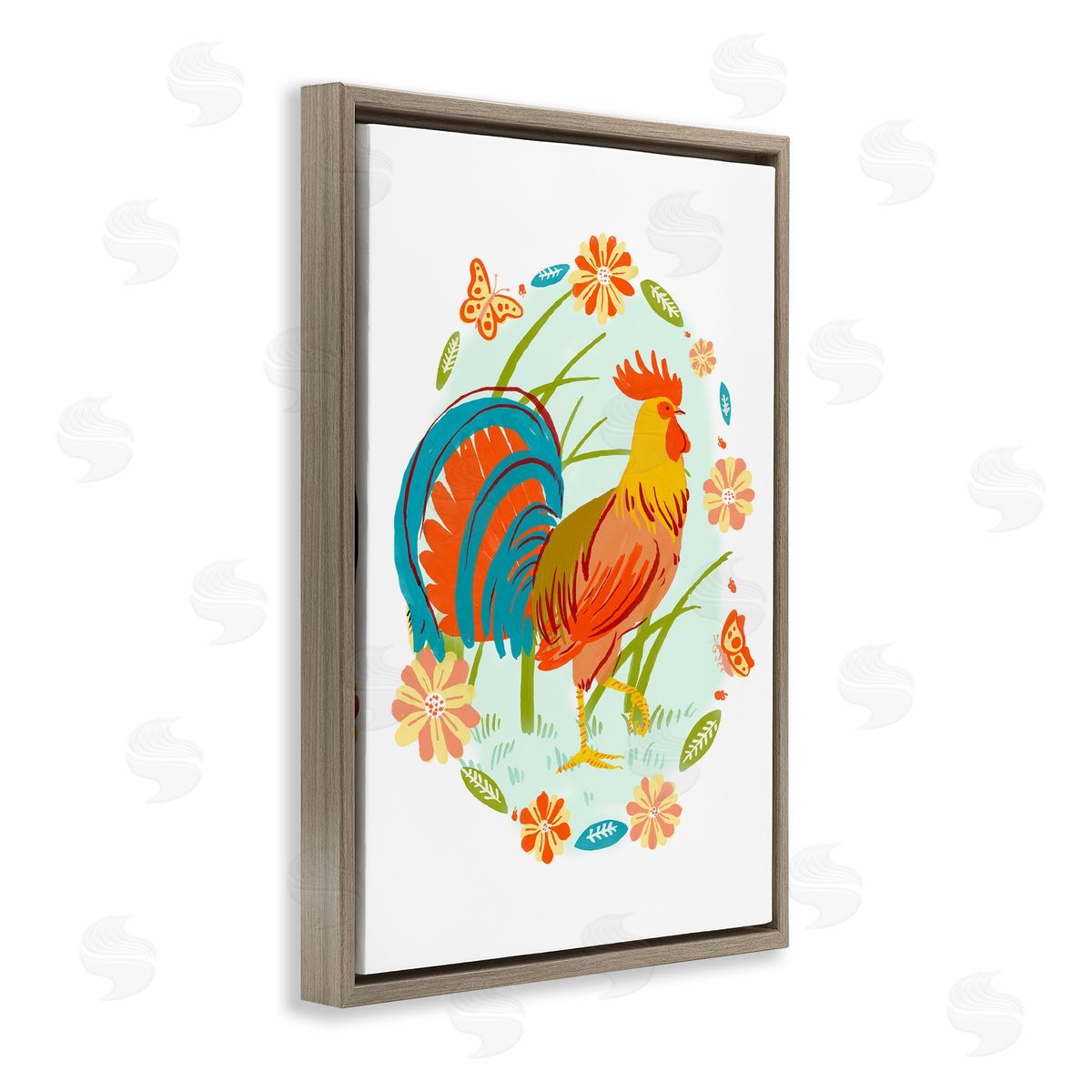Rooster with Butterflies Border Brown Floating Frame Canvas Wall Art, Home Decor by Hannah Moren