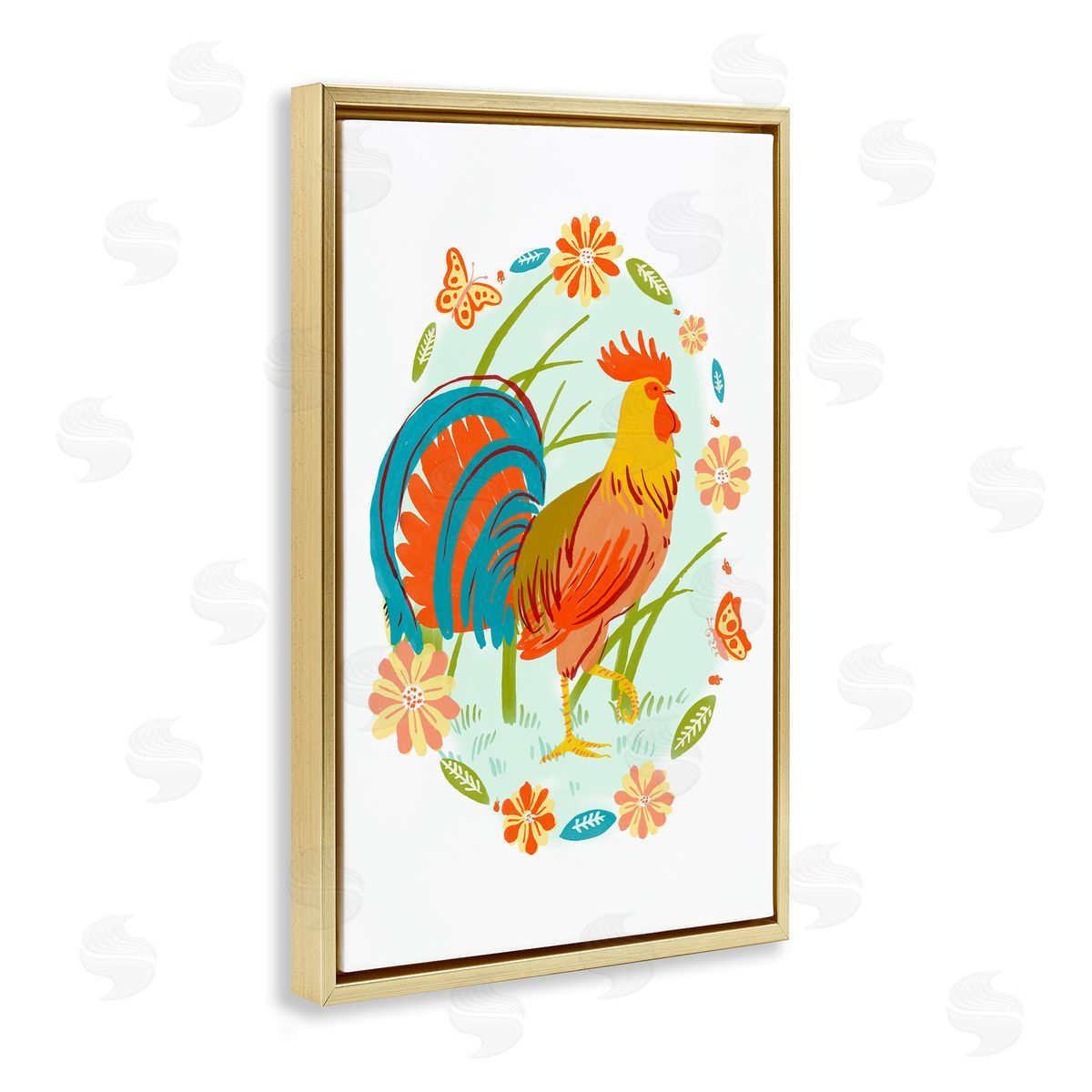 Rooster with Butterflies Border Gold Floating Frame Canvas Wall Art, Home Decor by Hannah Moren