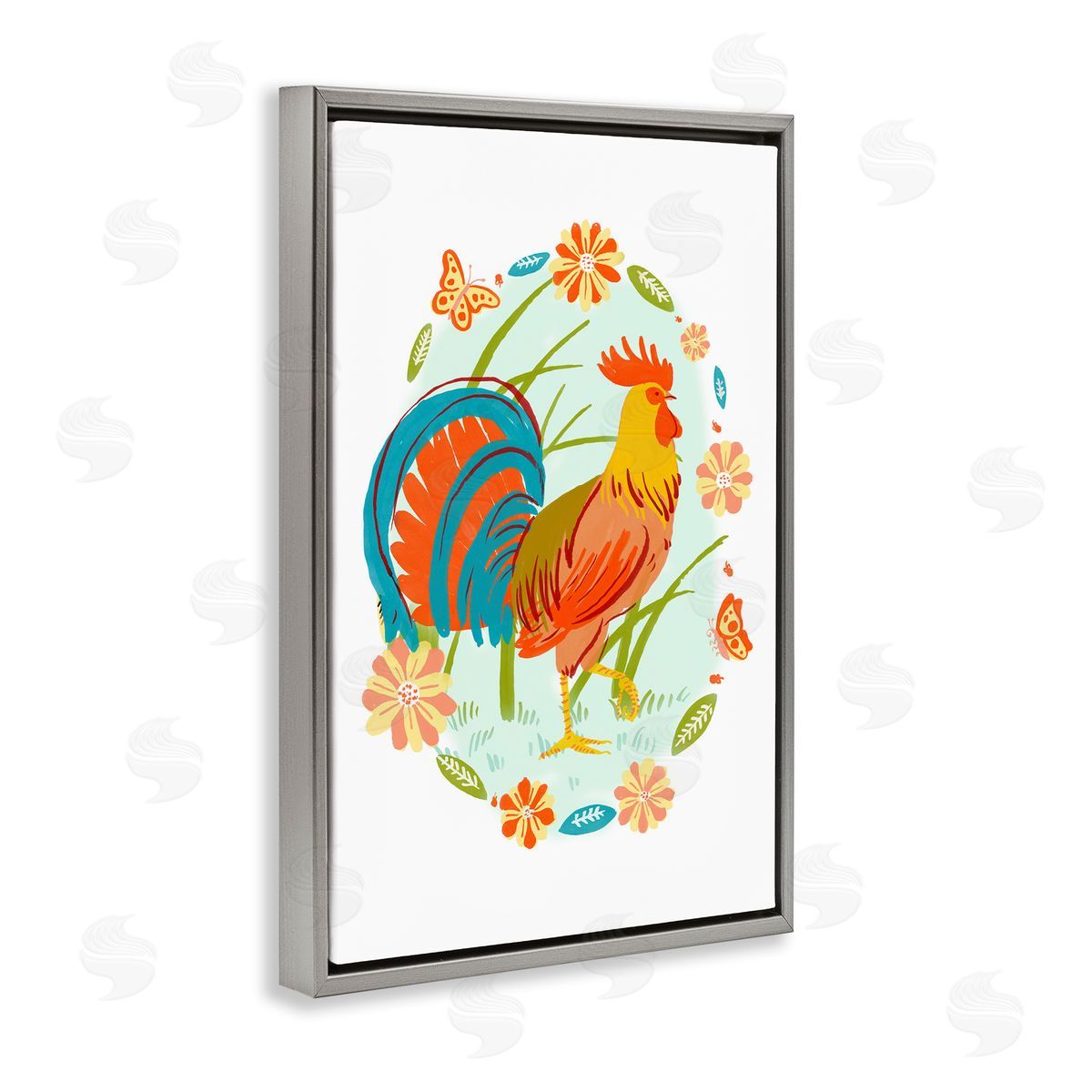 Rooster with Butterflies Border Grey Floating Frame Canvas Wall Art, Home Decor by Hannah Moren