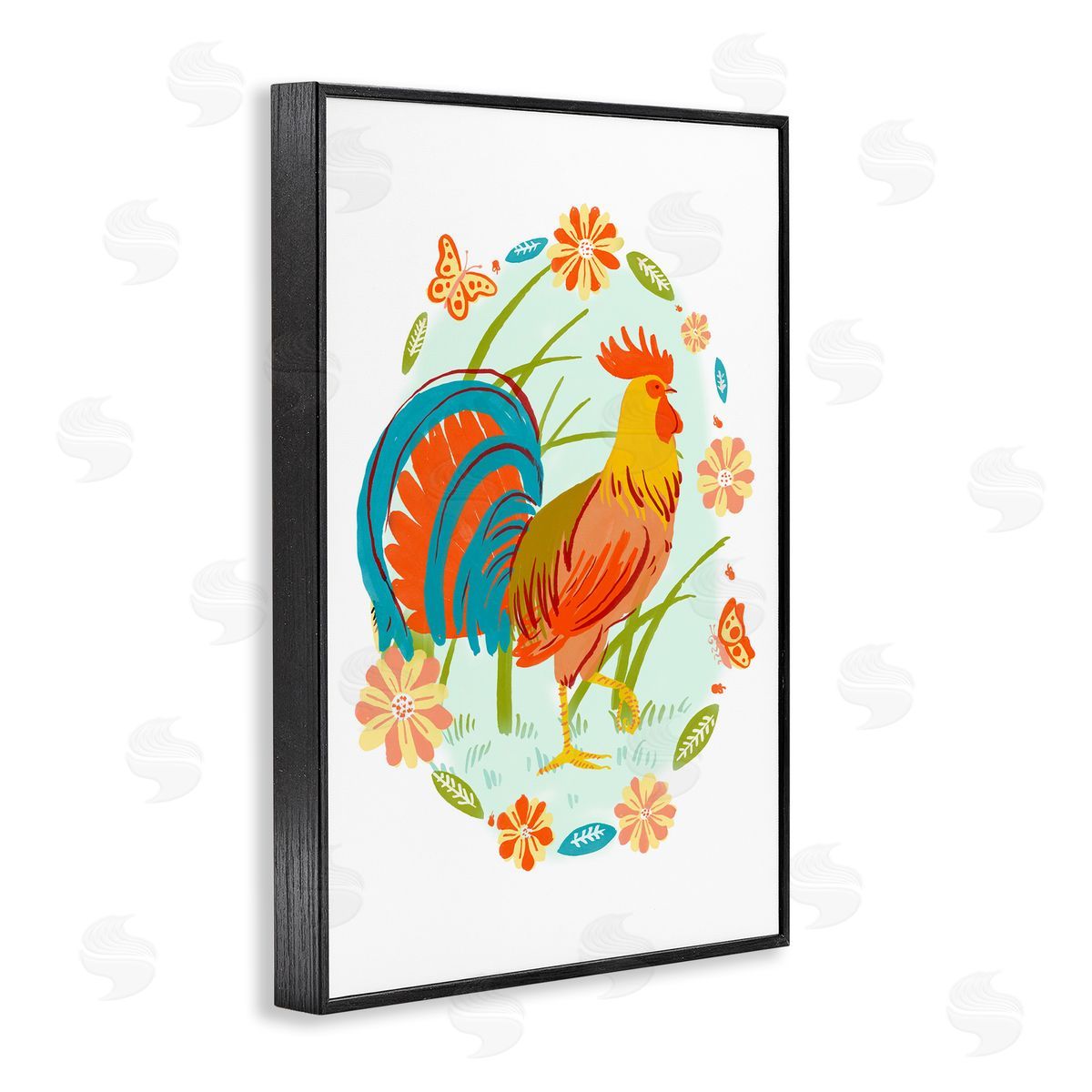Rooster with Butterflies Border Black Frame Print Wall Art, Home Decor by Hannah Moren