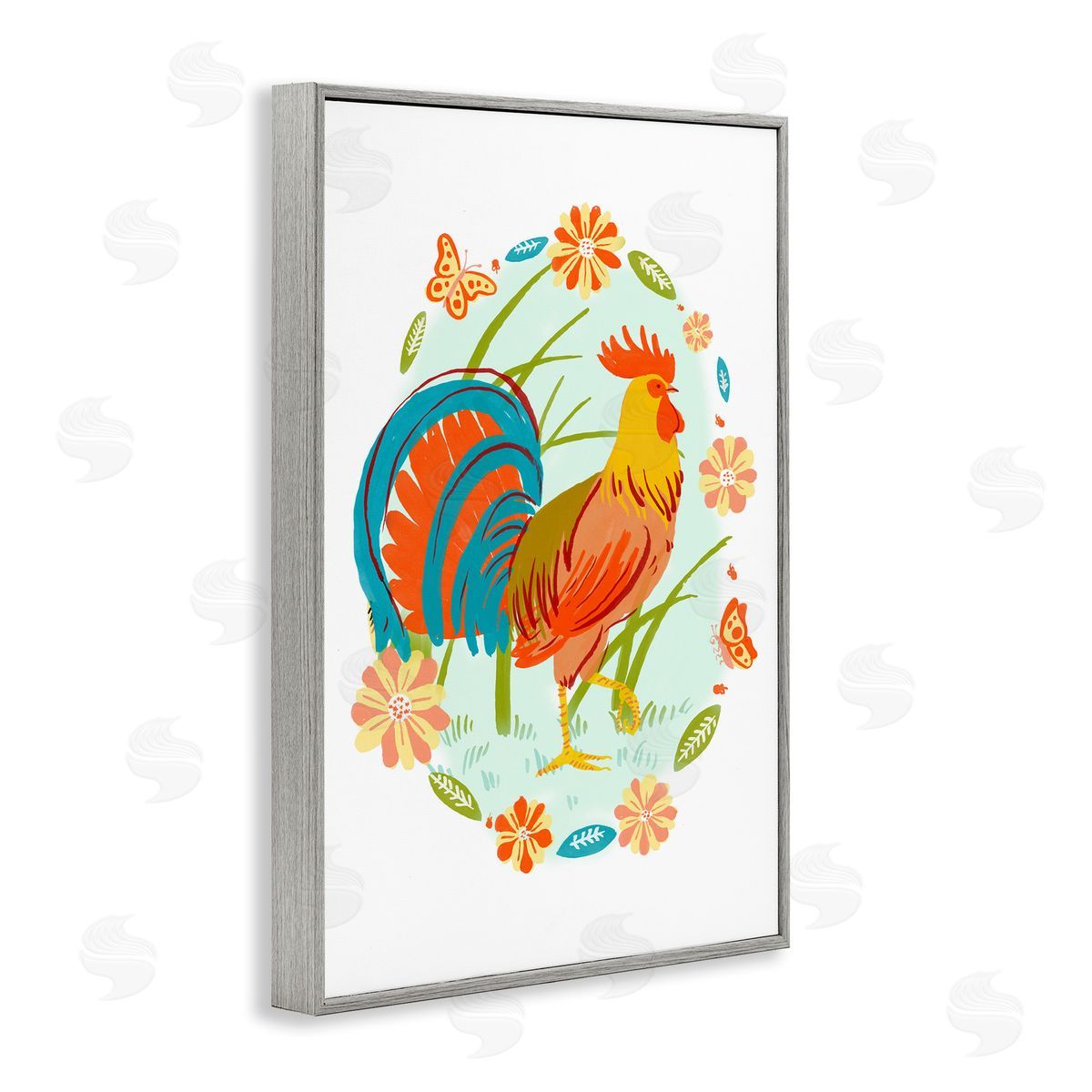 Rooster with Butterflies Border Grey Frame Print Wall Art, Home Decor by Hannah Moren