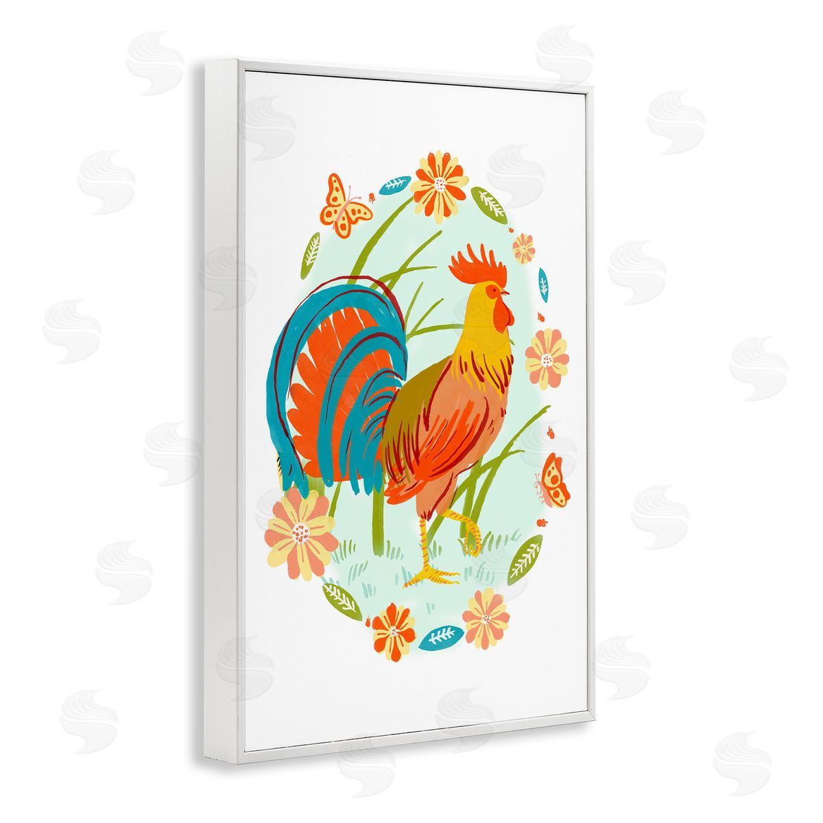 Rooster with Butterflies Border White Frame Print Wall Art, Home Decor by Hannah Moren