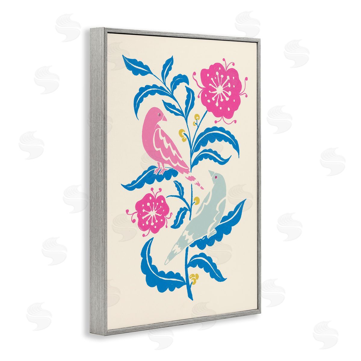 Minimal Bird Couple on Leaves Grey Frame Print Wall Art, Home Decor by Hannah Moren